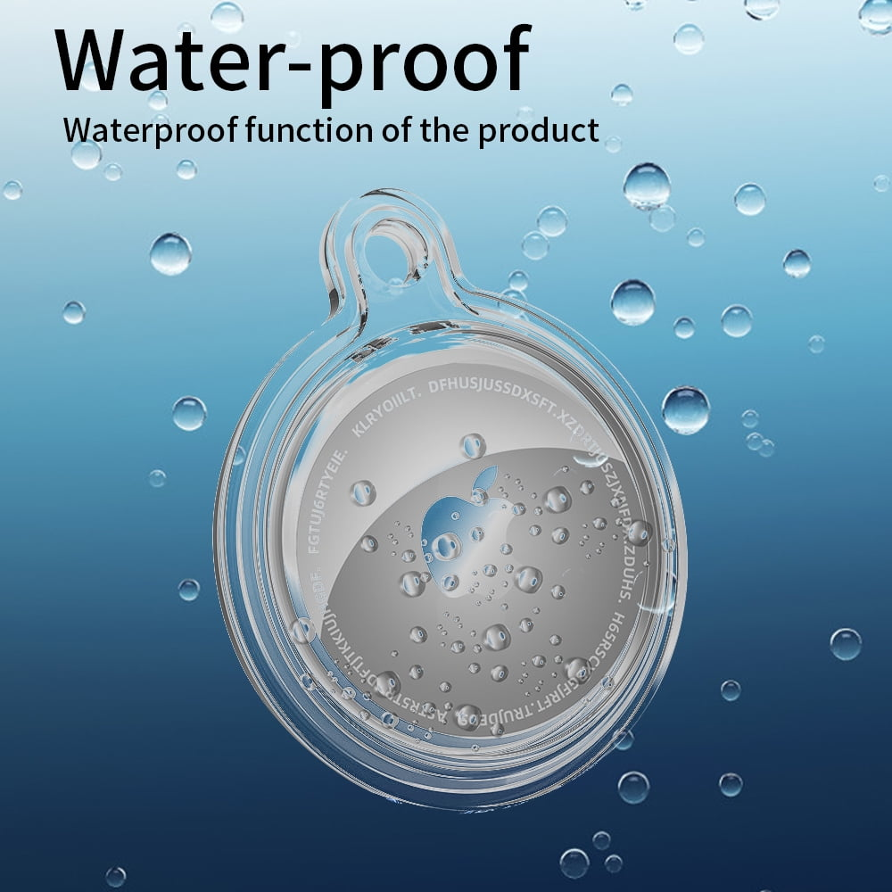 Wasserdichter Anhänger im Wasser. Text: 'Water-proof'. Blasen im Hintergrund.