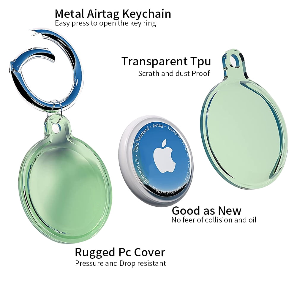 AirTag-Schlüsselanhänger mit Metallring und grüner, transparenter Abdeckung. Ein Apple AirTag ist darin sichtbar.