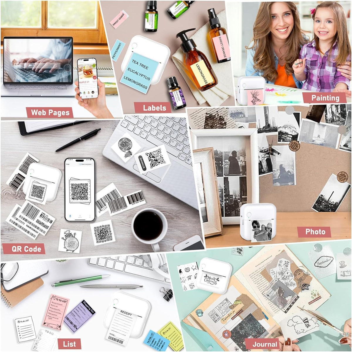 Collage von Bildern: Webseiten, Etiketten, QR-Code, Foto, Liste, Journal und Malerei.