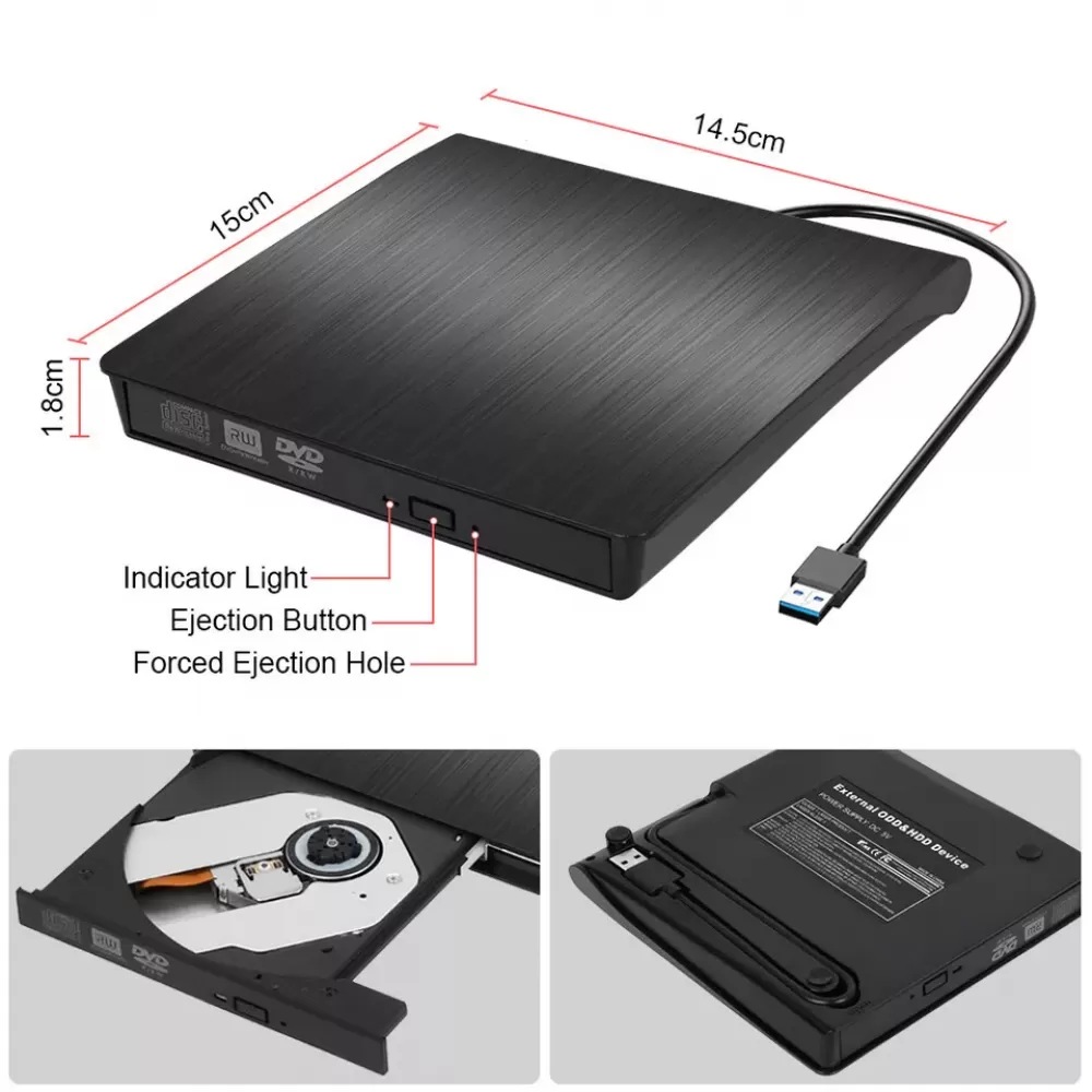 Schwarzes externes DVD-Laufwerk mit USB-Kabel, Abmessungen und Tastenbeschriftungen.