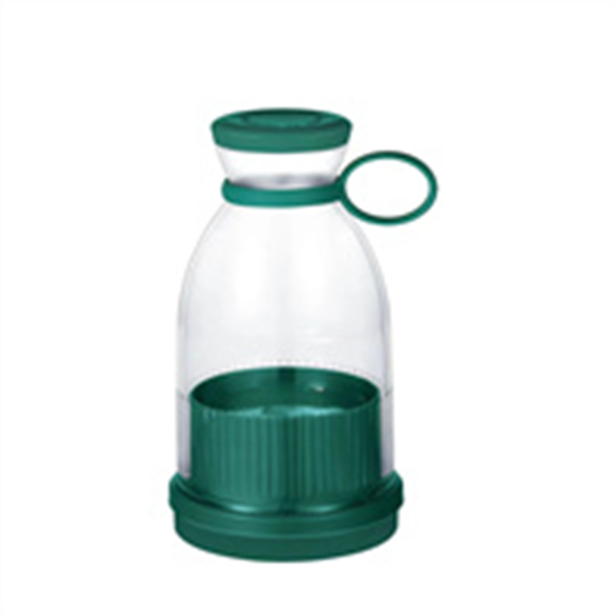Eine transparente Flasche mit grünem Boden, grünem Deckel und Griff. An der Seite befindet sich ein Griff.