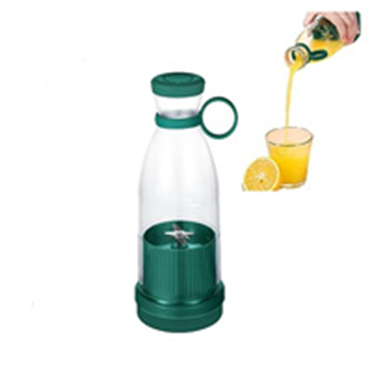 Tragbarer Mixer mit grünem Deckel und einem transparenten Behälter mit Saft.