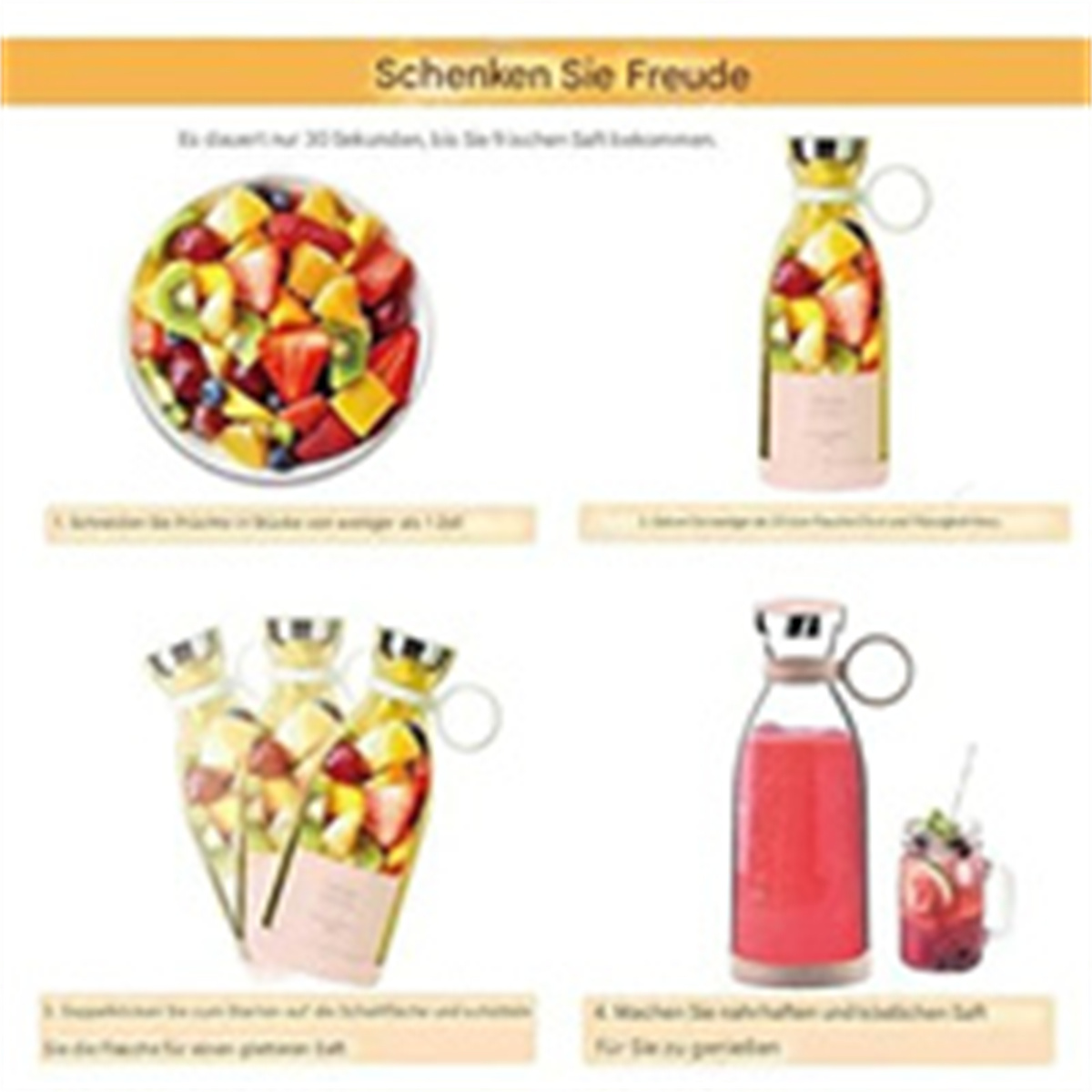 Bild mit Anweisungen zur Herstellung von Fruchtsaft. Früchte und Flaschen werden gezeigt. Text auf Deutsch.