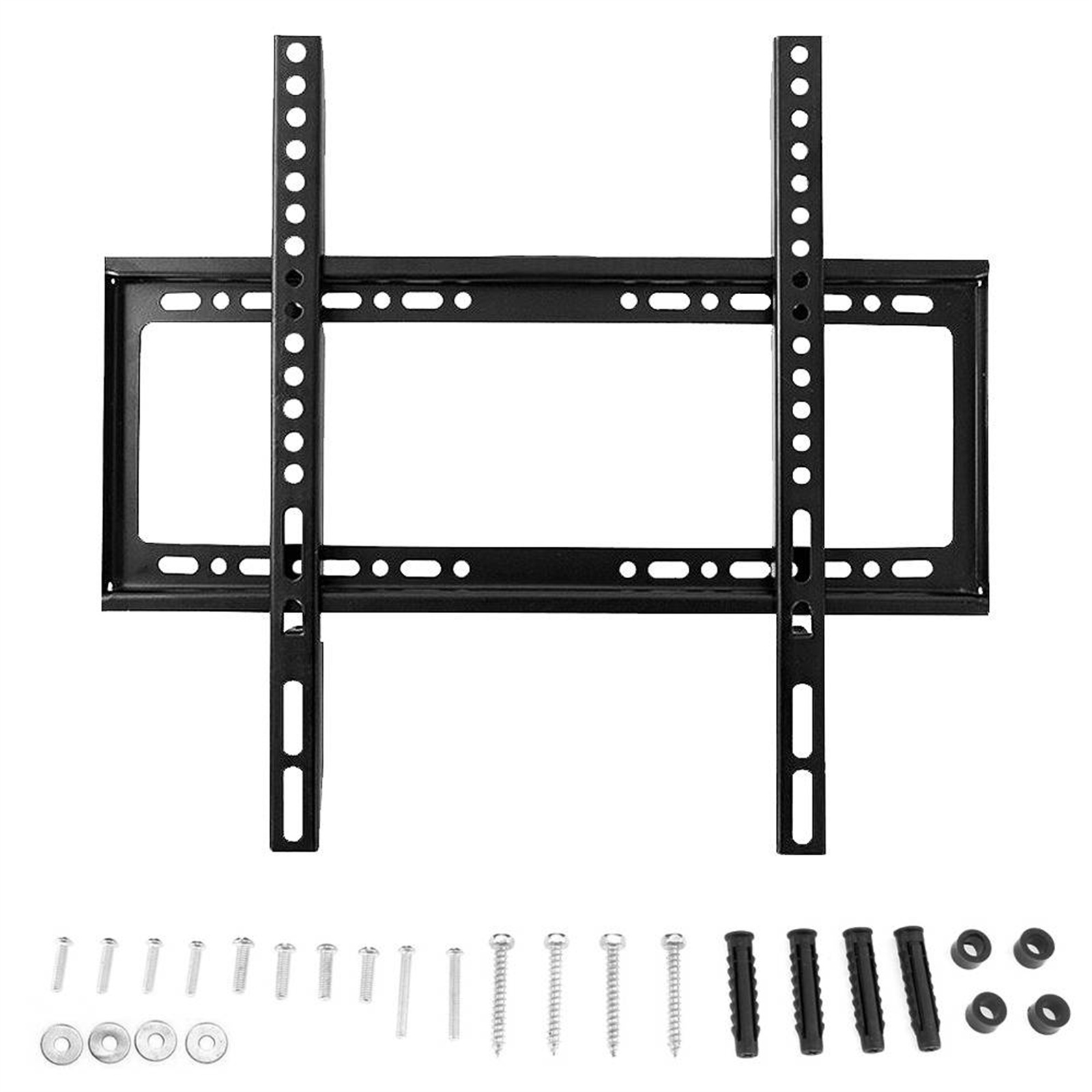 Schwarze TV-Wandhalterung mit verschiedenen Schrauben und Zubehör.