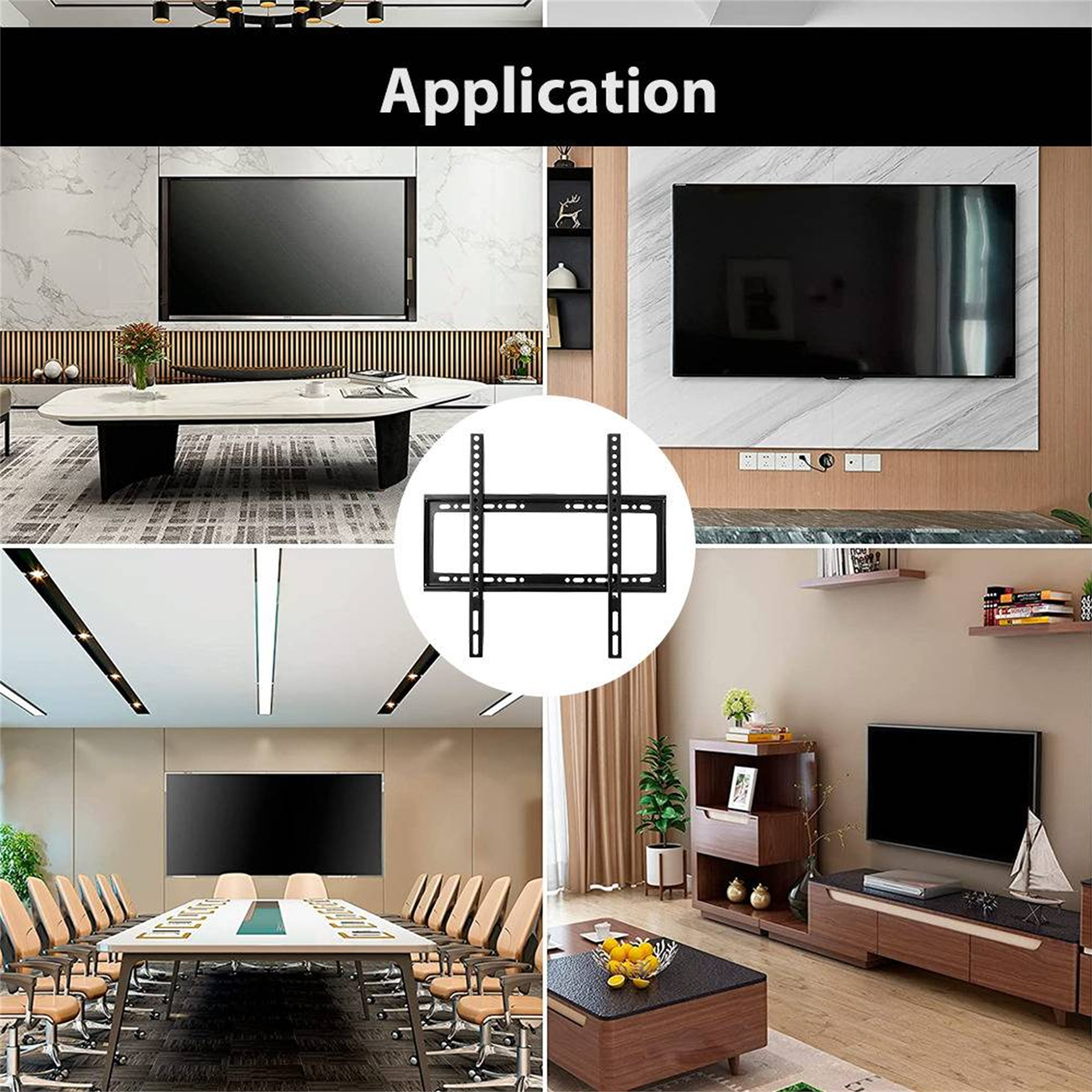 Mehrere Bilder mit TV-Installationen: Wohnzimmer, Büro, Konferenzraum und Unterhaltungsbereich.