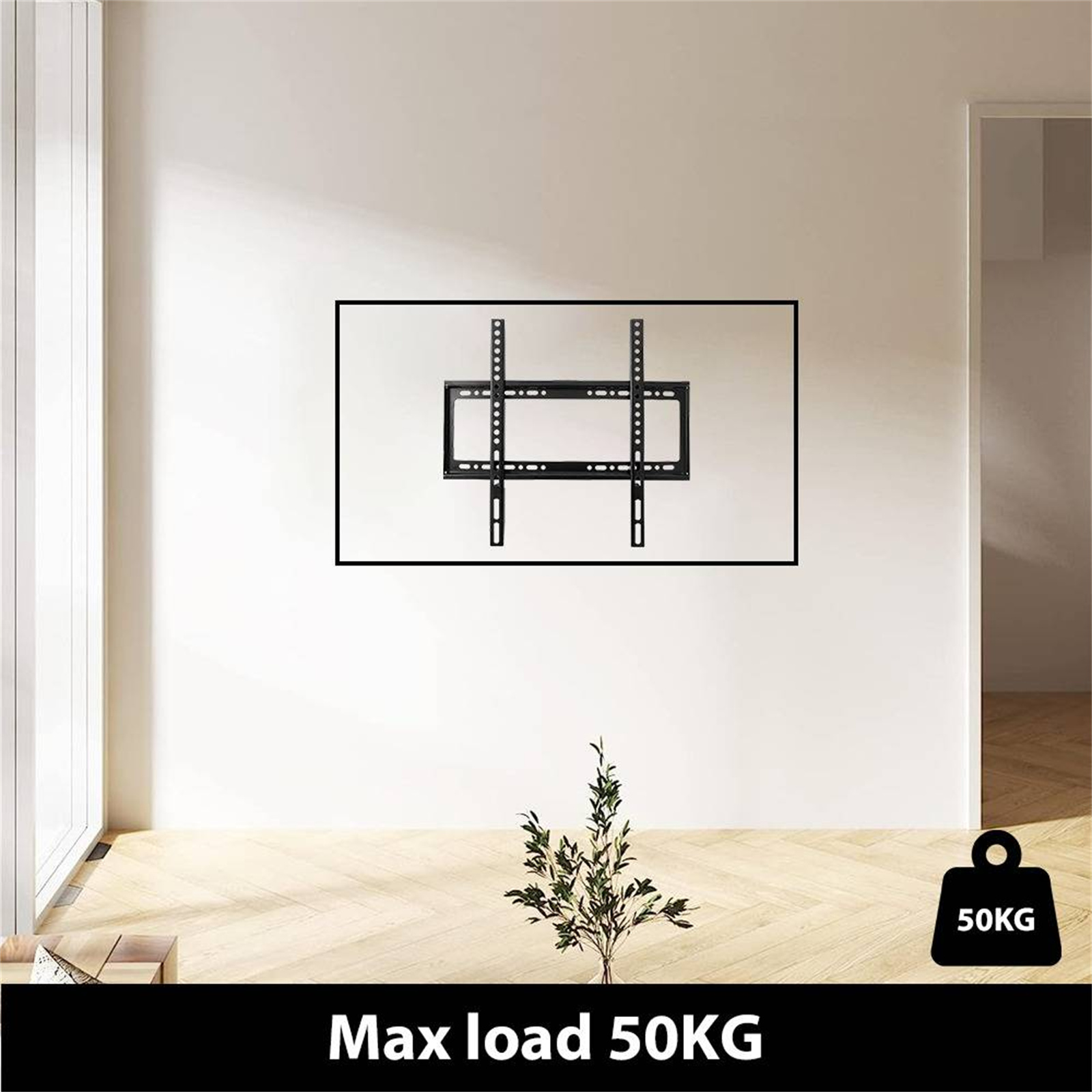 TV-Halterung an weißer Wand. Schwarze Halterung, mit einer Pflanze. Max. Belastung 50 kg steht geschrieben.