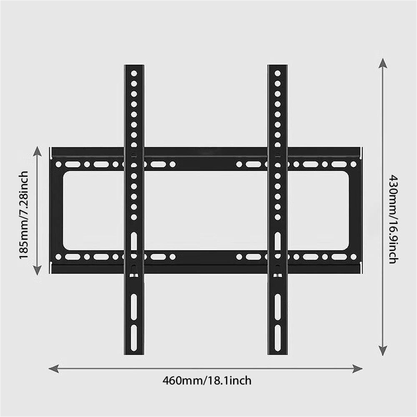 Schwarze TV-Halterung mit Abmessungen in Zoll und Millimetern. Der Hintergrund ist weiß.