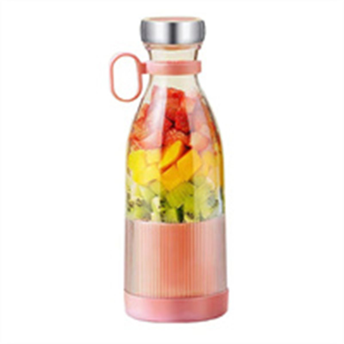 Eine klare Flasche gefüllt mit bunten, geschnittenen Früchten, mit einem rosa Boden und einem silbernen Deckel, auf weißem Hintergrund.