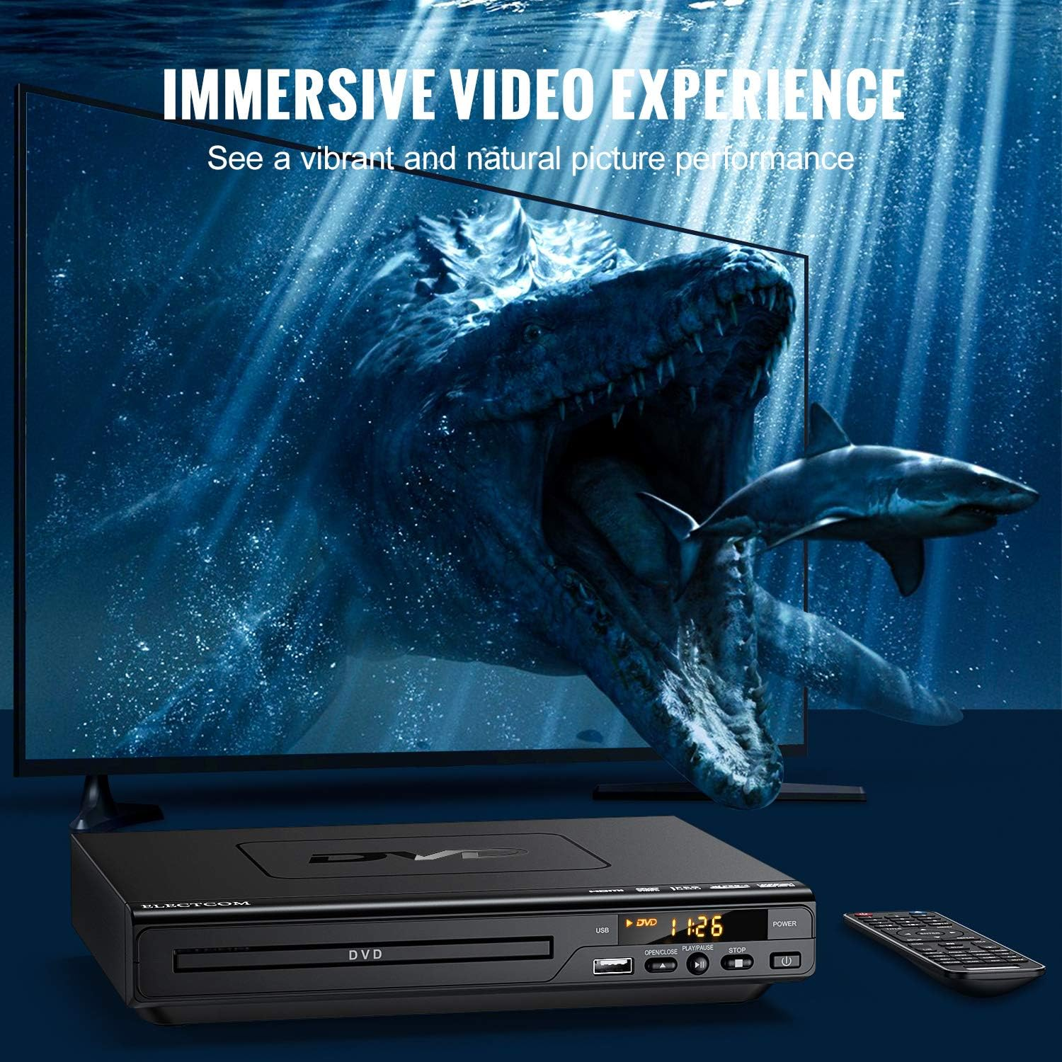 DVD-Player, Fernbedienung und ein Fernseher mit Hai und anderen Meeresbewohnern im Hintergrund.