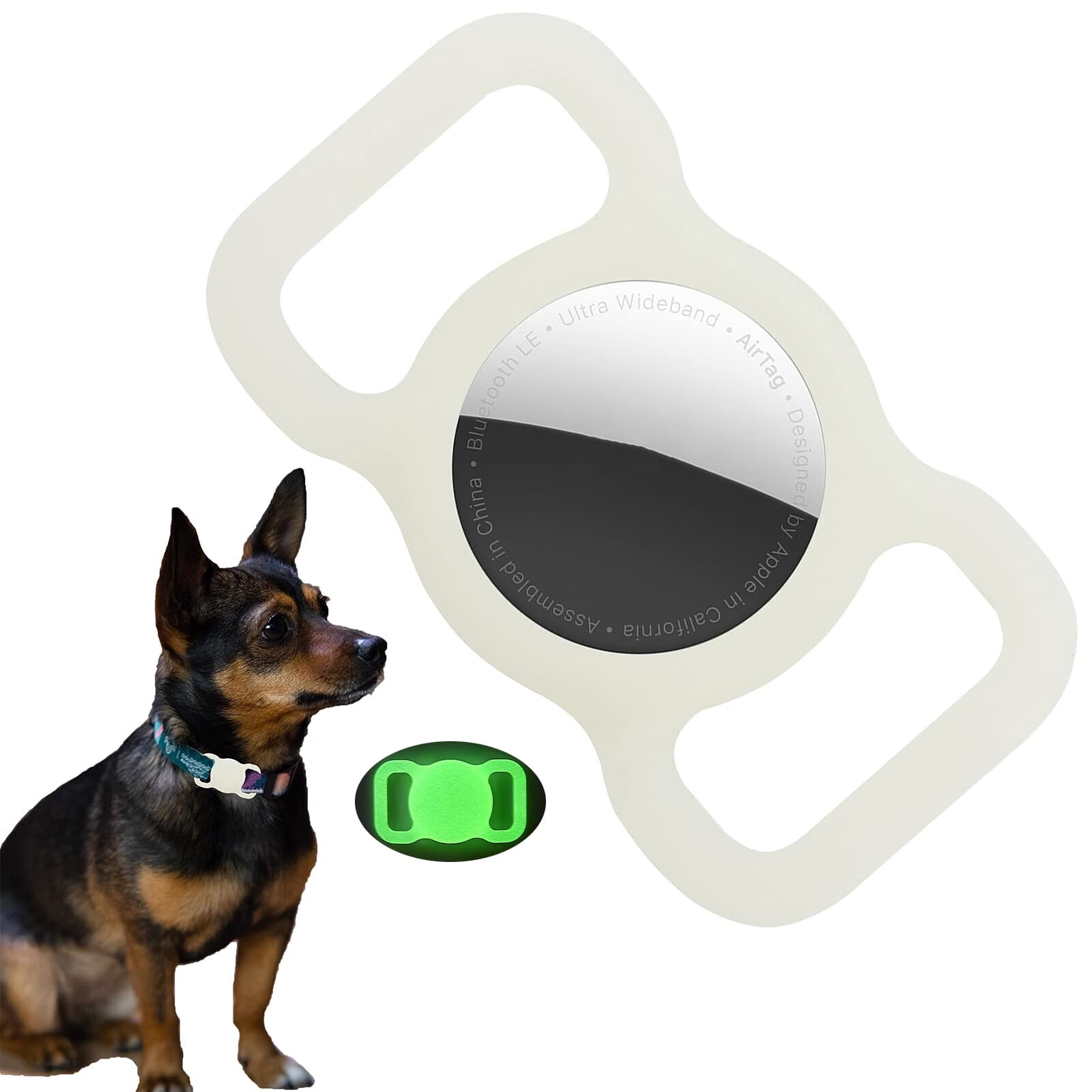 Kleiner Hund mit Halsband, neben einem Apple AirTag-Halter und einem kleinen grünen Anhänger.