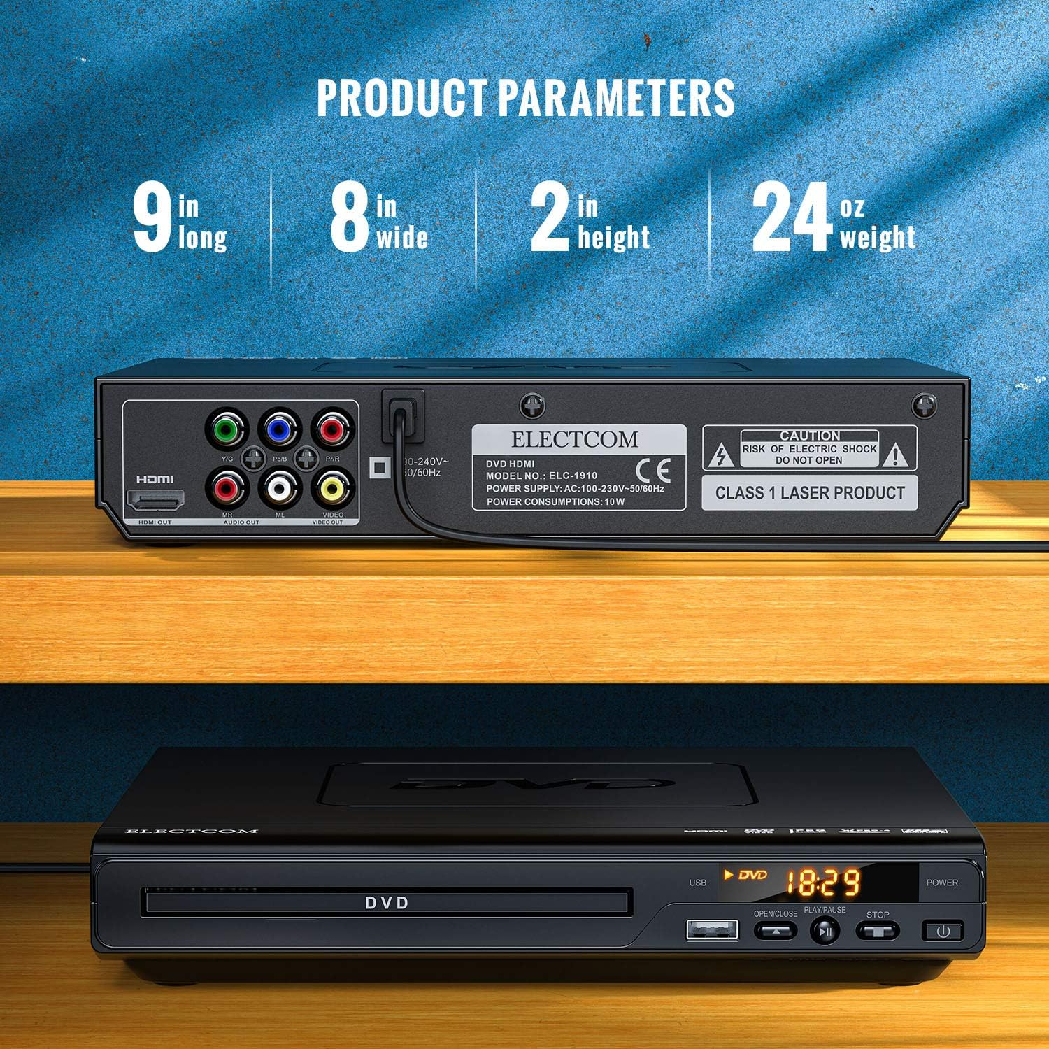 DVD-Player mit Produktparametern: Abmessungen und Gewicht.
