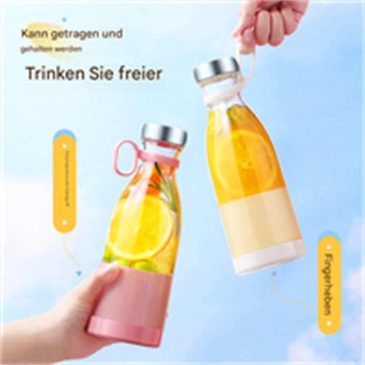 Zwei Flaschen mit Orangenscheiben, gehalten von Händen, mit deutschem Text. Blauer Hintergrund.