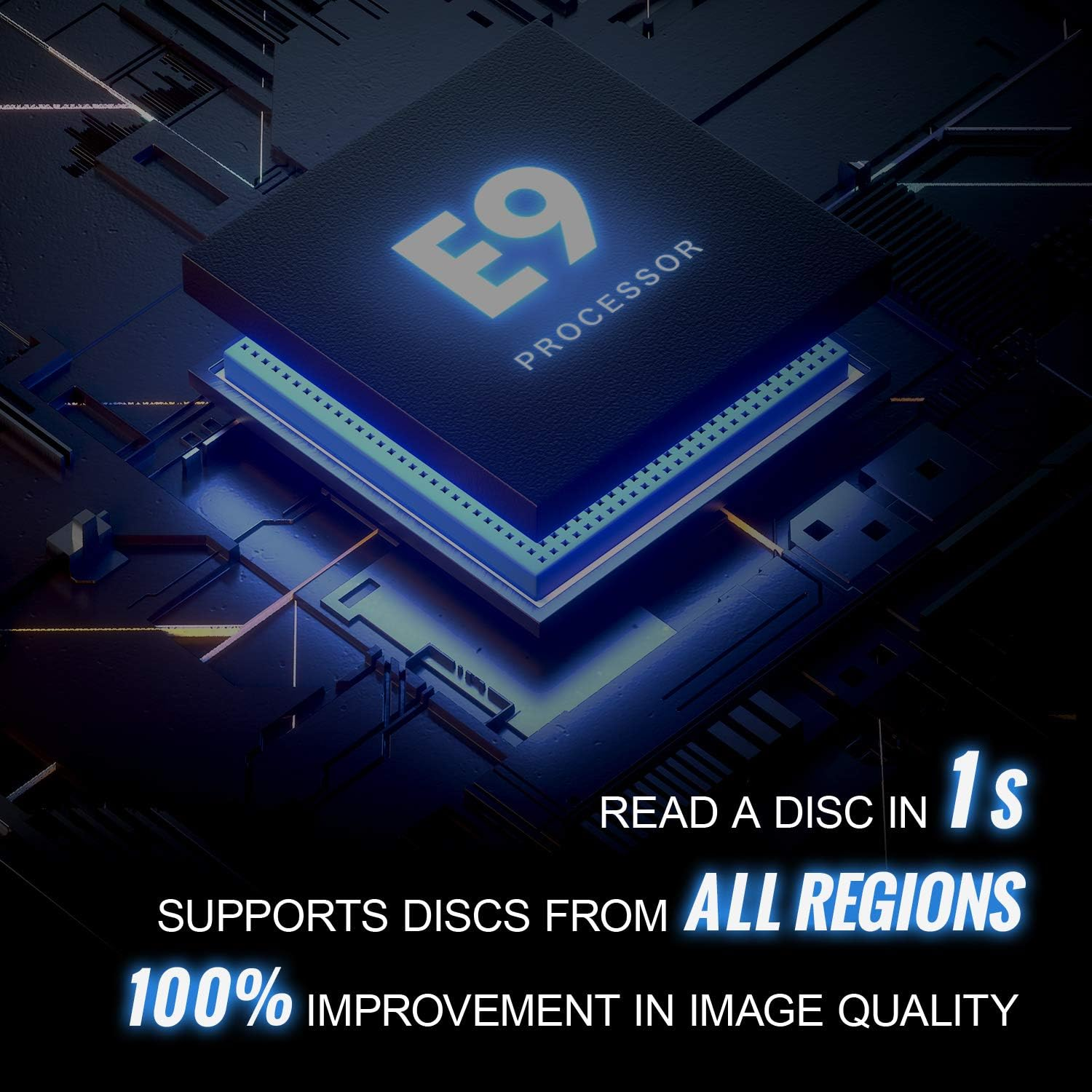 Schwarz-blauer Prozessor mit Text, „READ A DISC IN 1s“, „100 % IMPROVEMENT IN IMAGE QUALITY“.