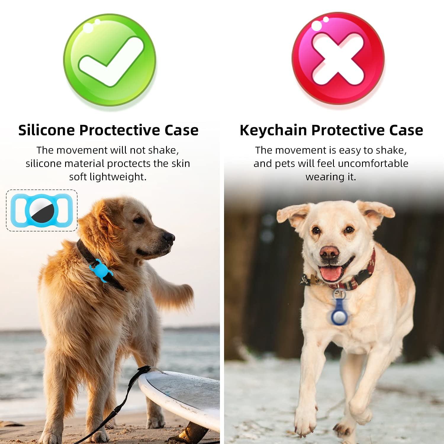 Hunde mit Halsbändern, eins mit Silikon, eins mit Schlüsselanhänger, Textvergleich.