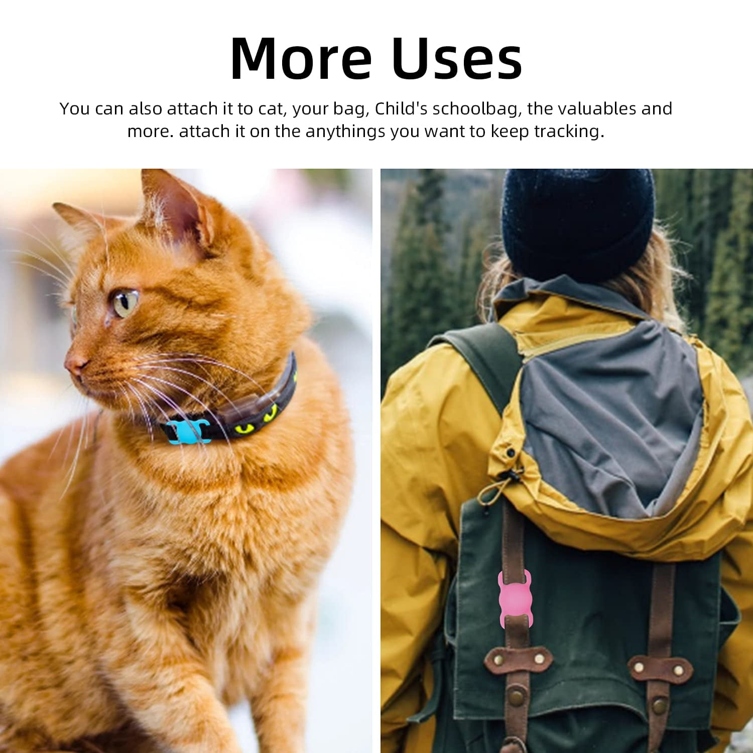 Bild zeigt eine Katze mit Halsband und eine Person mit Rucksack. Halsband und Rucksack haben Ortungsgeräte.