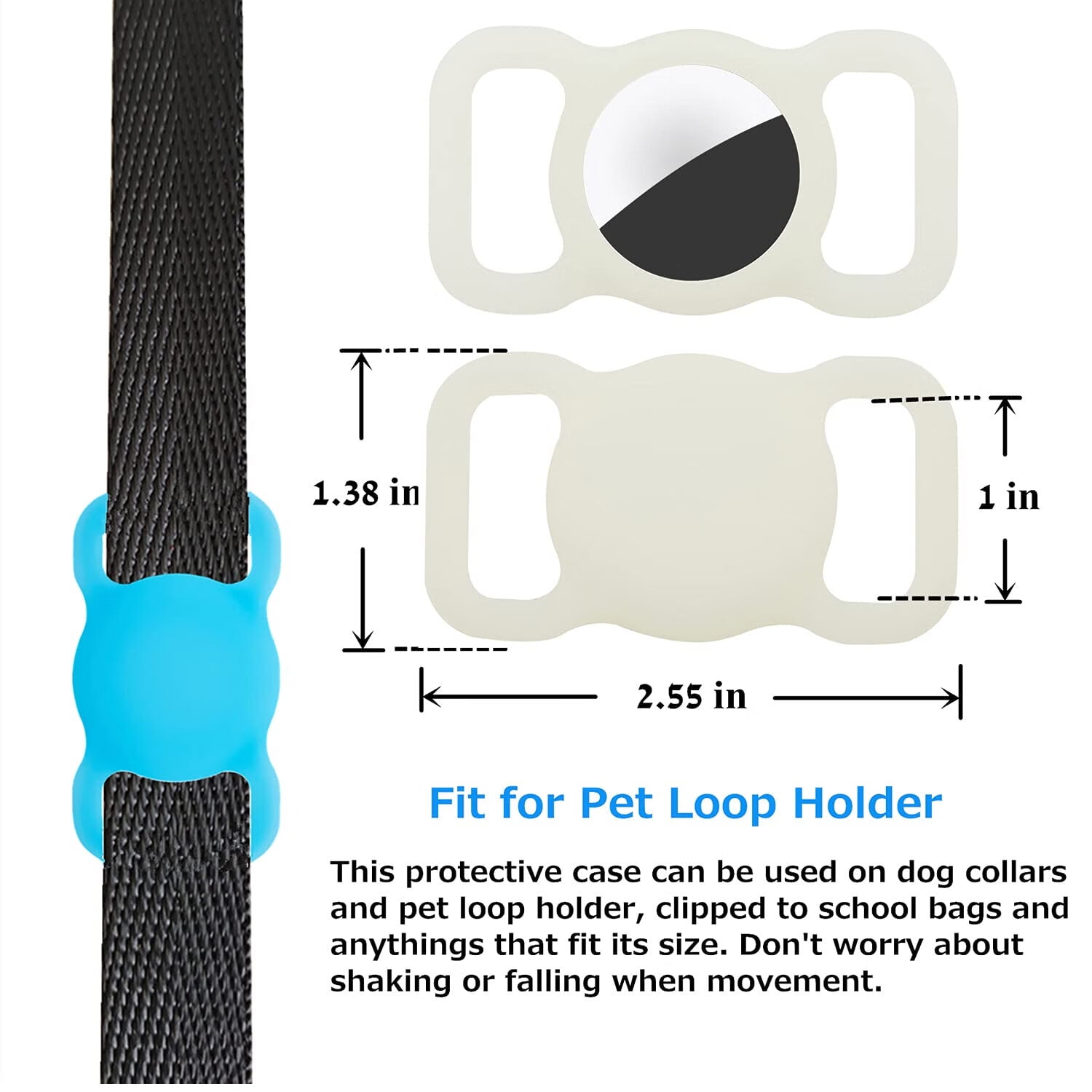 Weißer Halter mit schwarzem Einsatz, blauem Verschluss und schwarzem Riemen. Text über Pet Loop Halter darunter.