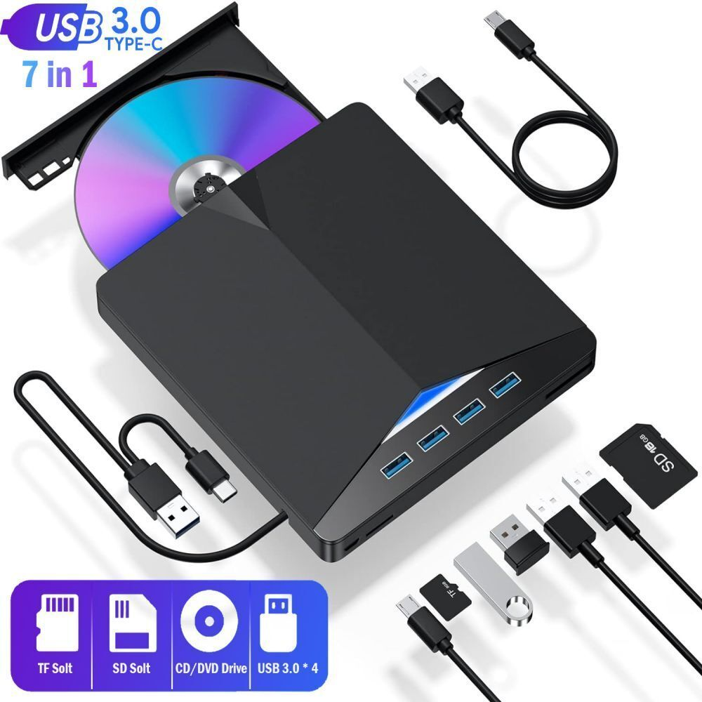 Schwarzer USB 3.0 7-in-1 Hub mit CD/DVD-Laufwerk, SD- und TF-Kartensteckplätzen.