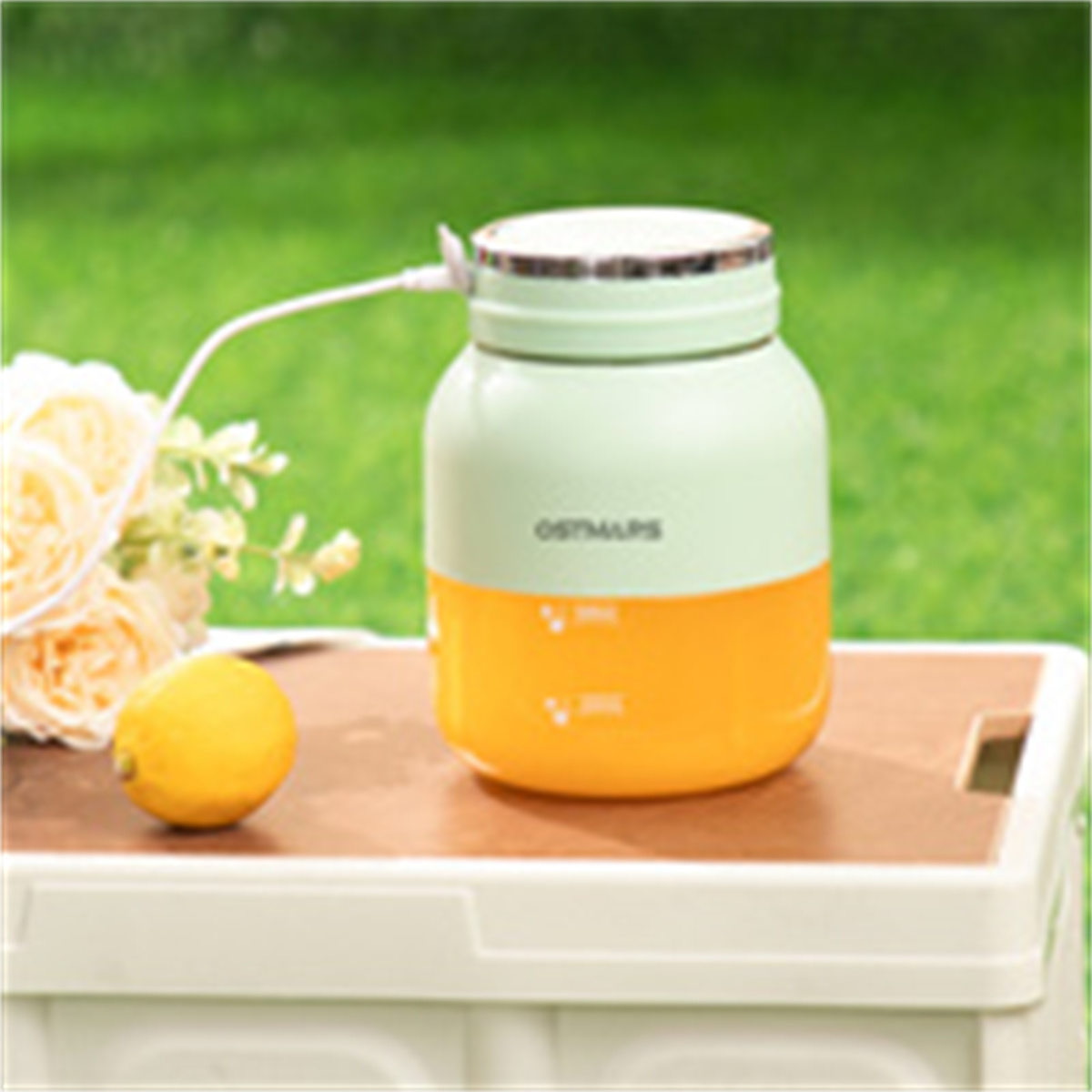 Grüne und gelbe Wasserflasche mit Zitrone und Blumen auf Holz.