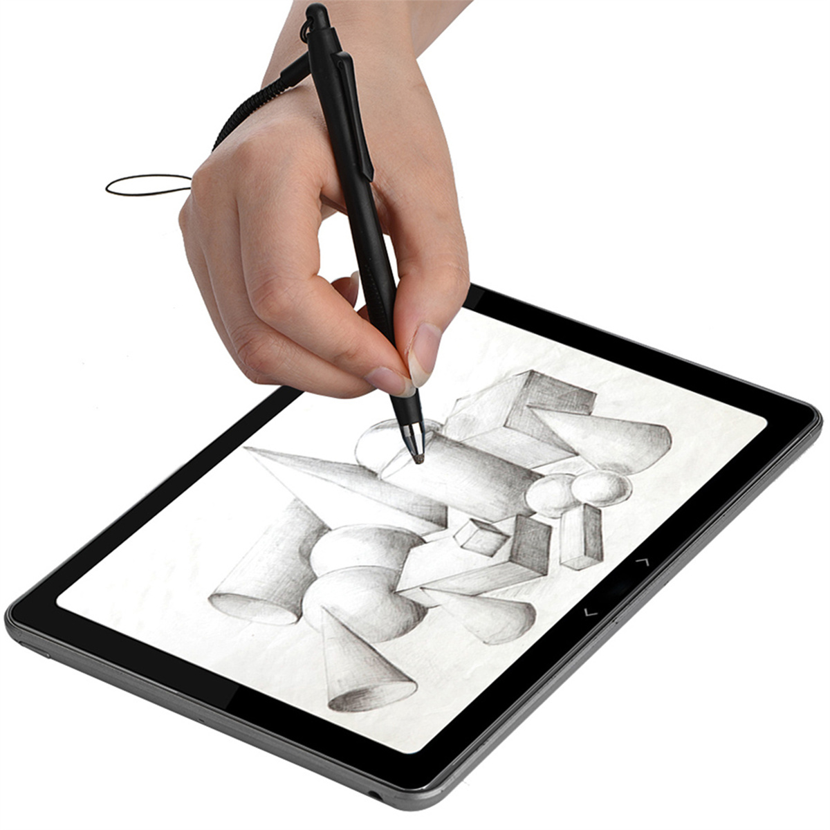 Hand zeichnet mit einem Stift auf einem Tablet abstrakte Formen.
