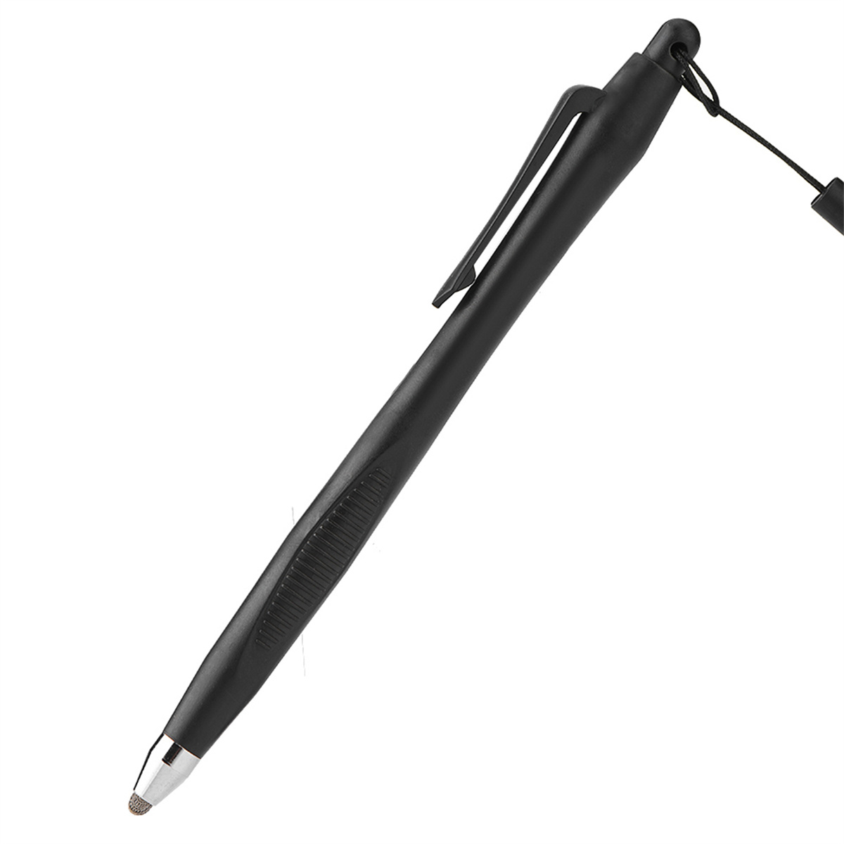 Ein schwarzer Stylus-Stift mit silberner Spitze und schwarzem Kabel. Der Stift ist vor weißem Hintergrund abgewinkelt.