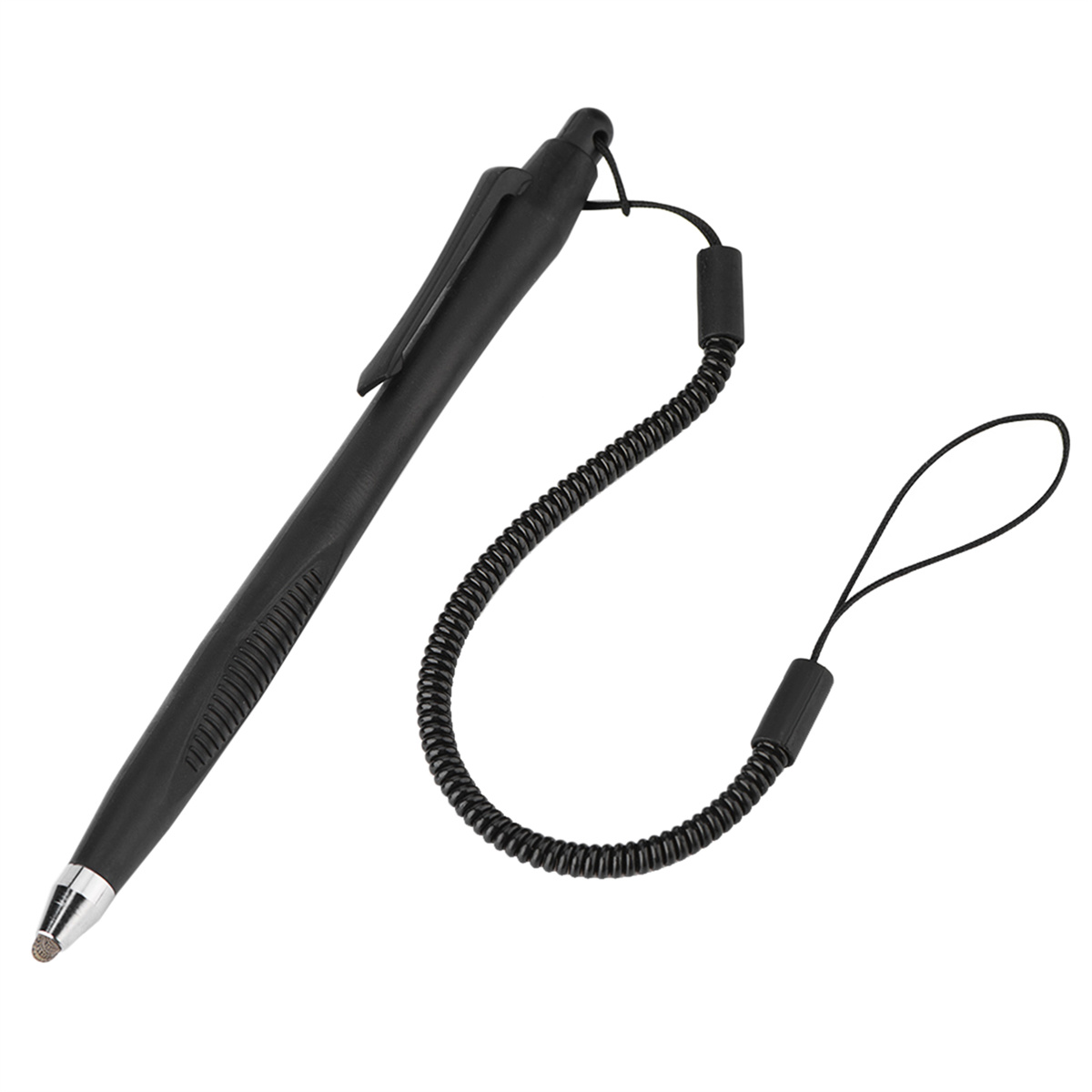 Schwarzer Stift mit schwarzem Spiralkabel. Der Stift hat eine silberne Spitze.