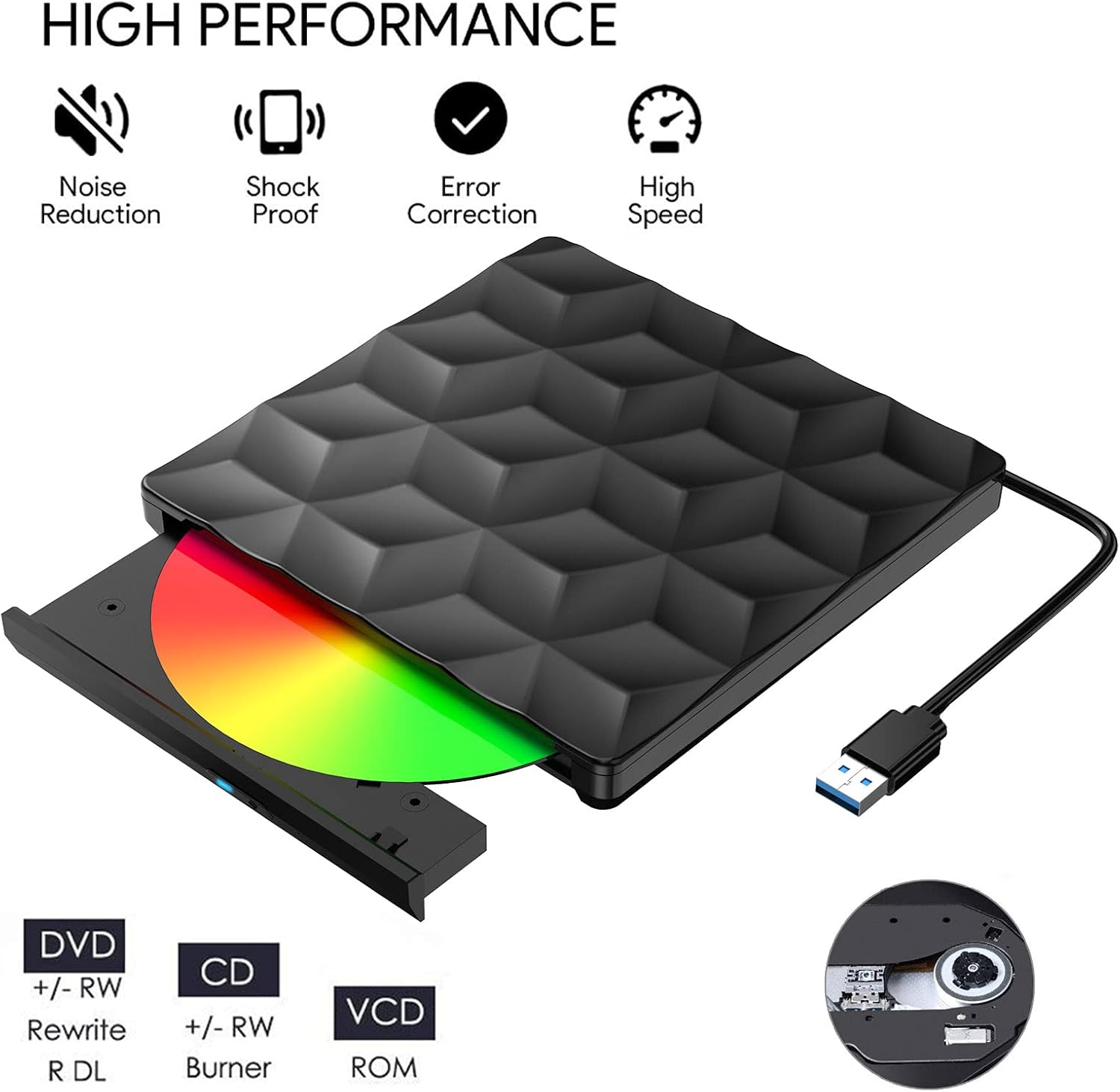 Schwarzes externes DVD-Laufwerk mit eingelegter Disc und USB-Kabel. Mit High-Speed-Label.