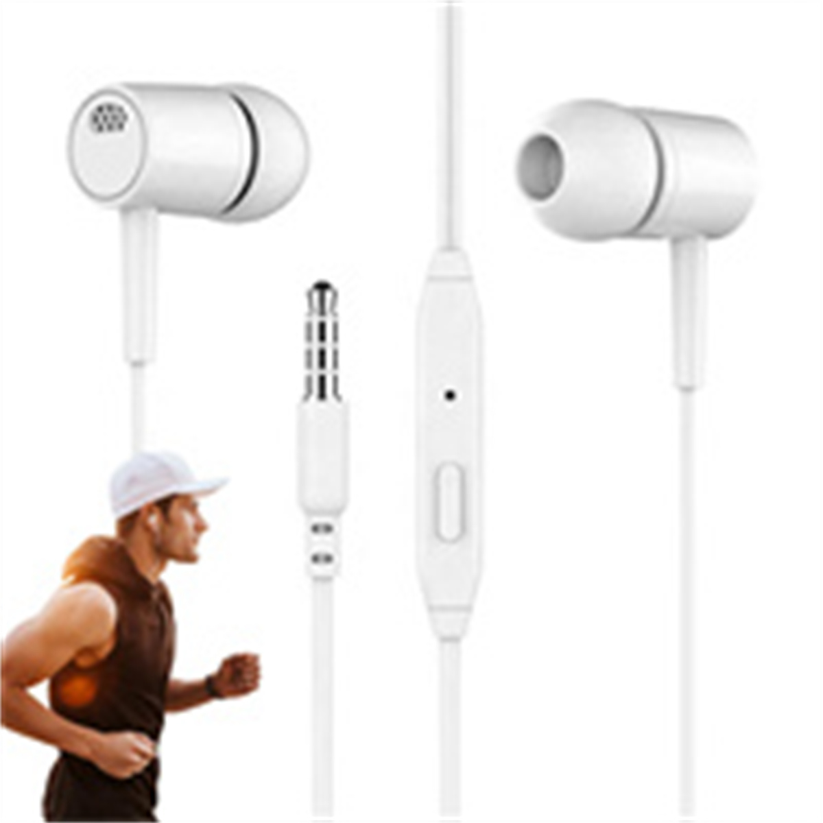 Weiße Ohrhörer und Kabel mit einem Läufer im Hintergrund.