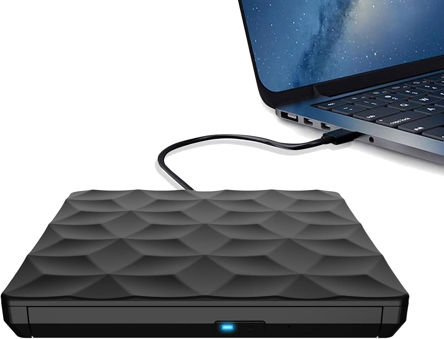 Schwarzes externes Laufwerk, an Laptop angeschlossen, blaues Licht.