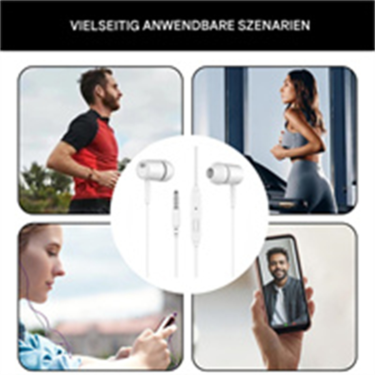Vier Bilder zeigen Menschen, die weiße Kopfhörer in verschiedenen Umgebungen verwenden, einschließlich Sport und Videoanruf.
