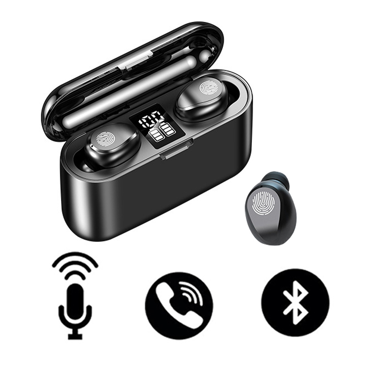 Schwarze kabellose Ohrhörer in einem Ladeetui mit digitaler Anzeige. Das Etui ist geöffnet. Es gibt Symbole.