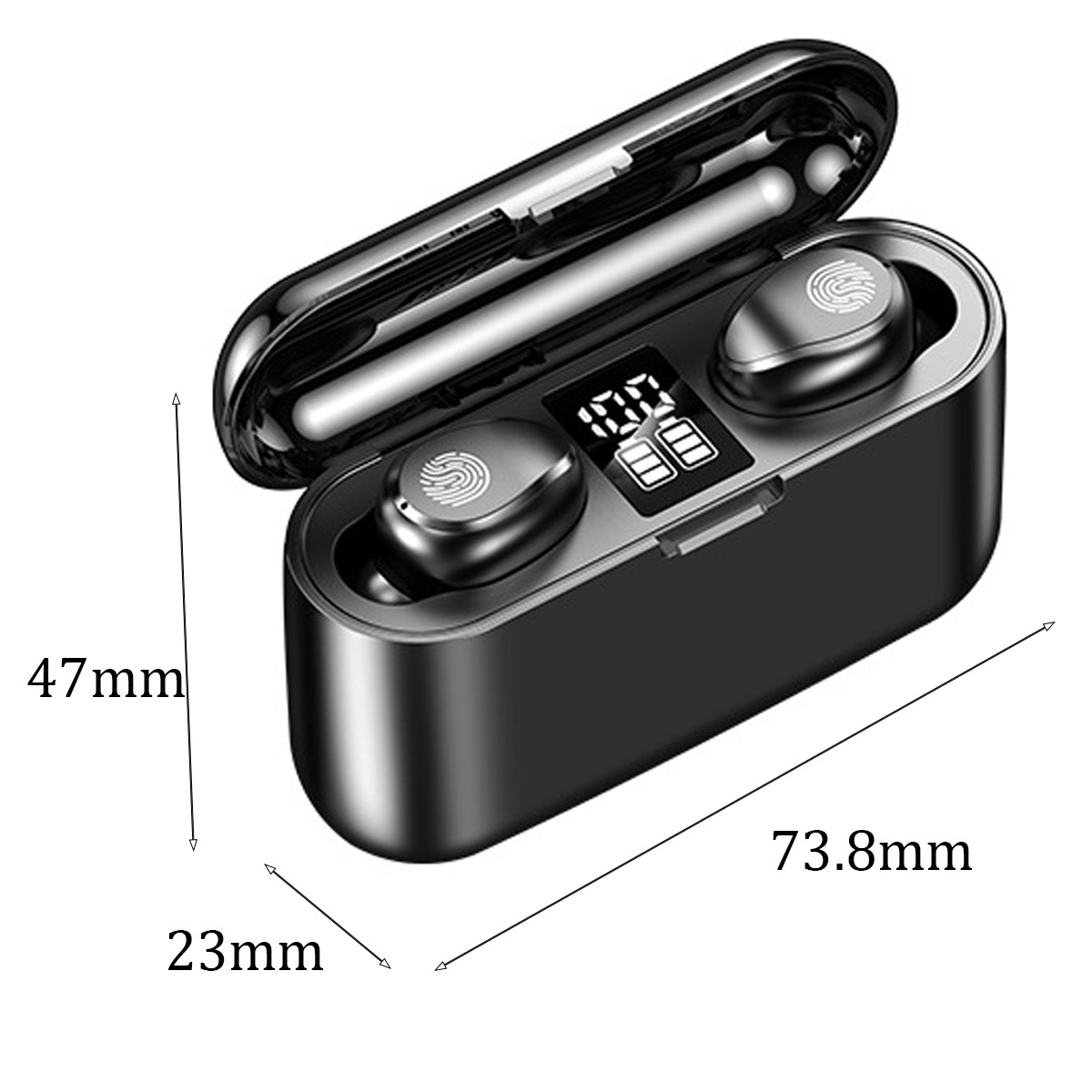 Schwarzes Ohrhörer-Etui mit Ohrhörern. Die Abmessungen sind 73,8 mm lang, 47 mm hoch und 23 mm breit.
