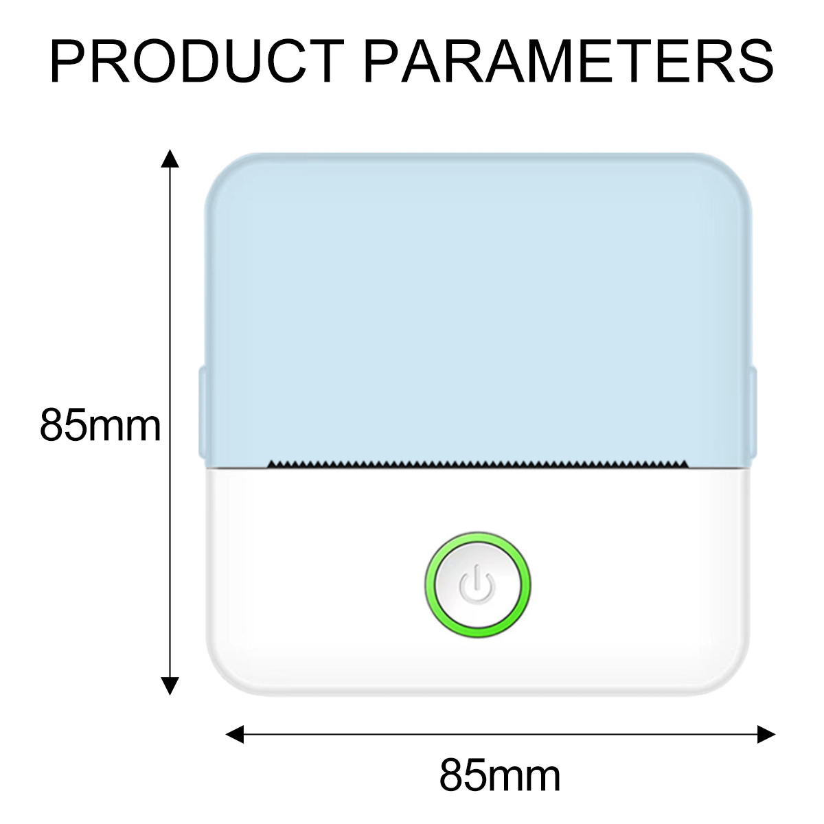 Weißer und blauer Drucker mit grünem Knopf. Abmessungen: 85mm x 85mm.