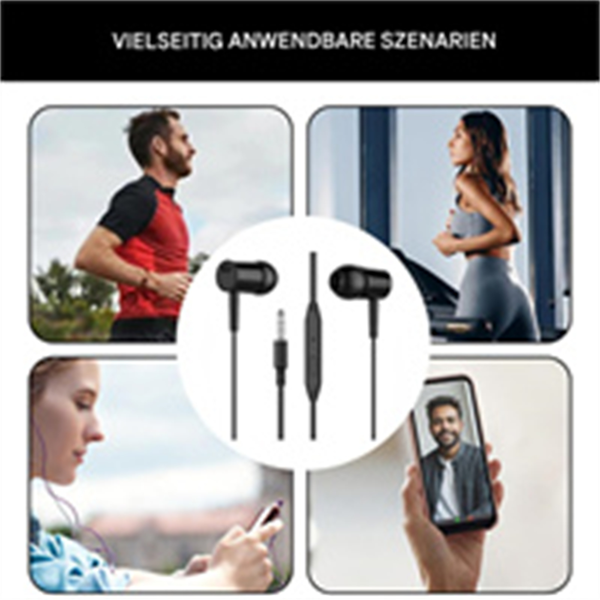 Bild zeigt Menschen, die Kopfhörer in verschiedenen Szenarien verwenden, darunter Laufen, Training und Videoanrufe.