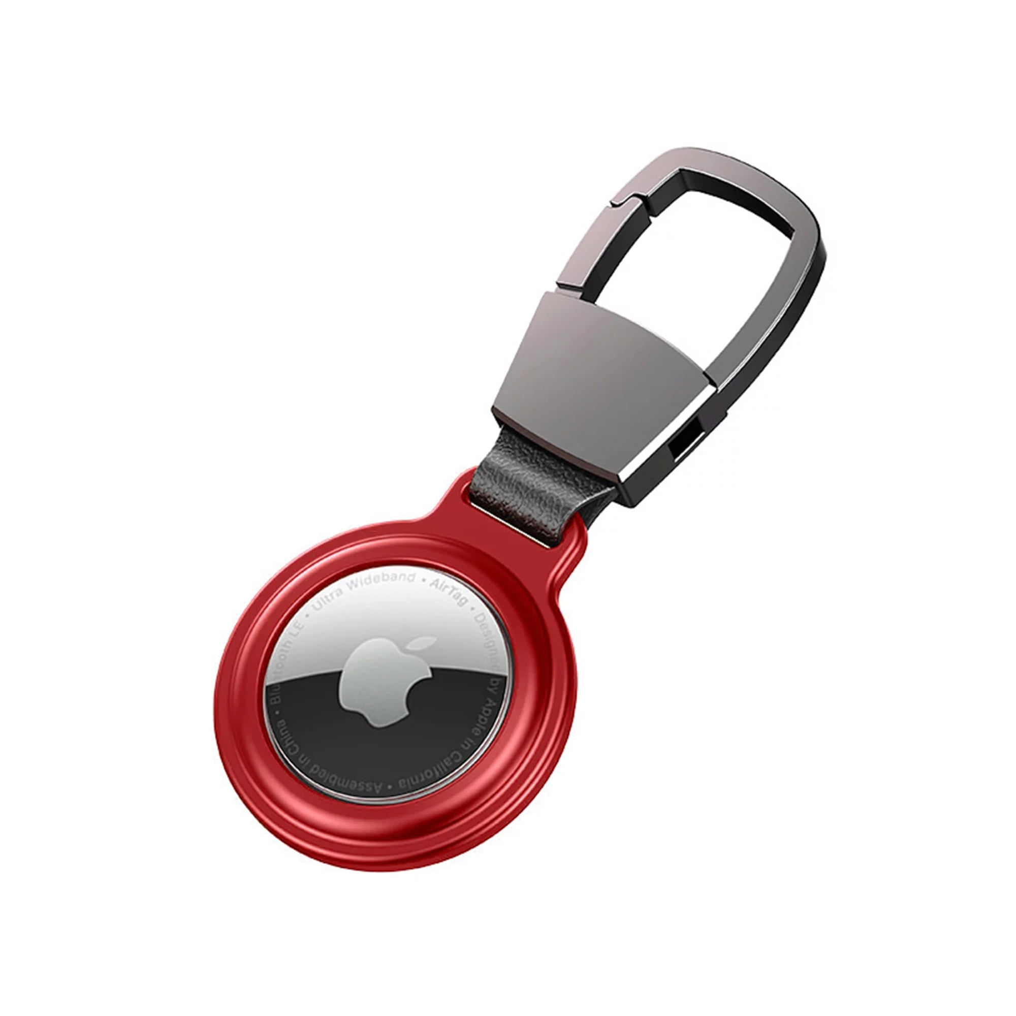 Rotes Apple AirTag mit Schlüsselanhänger. Mit Apple-Logo.