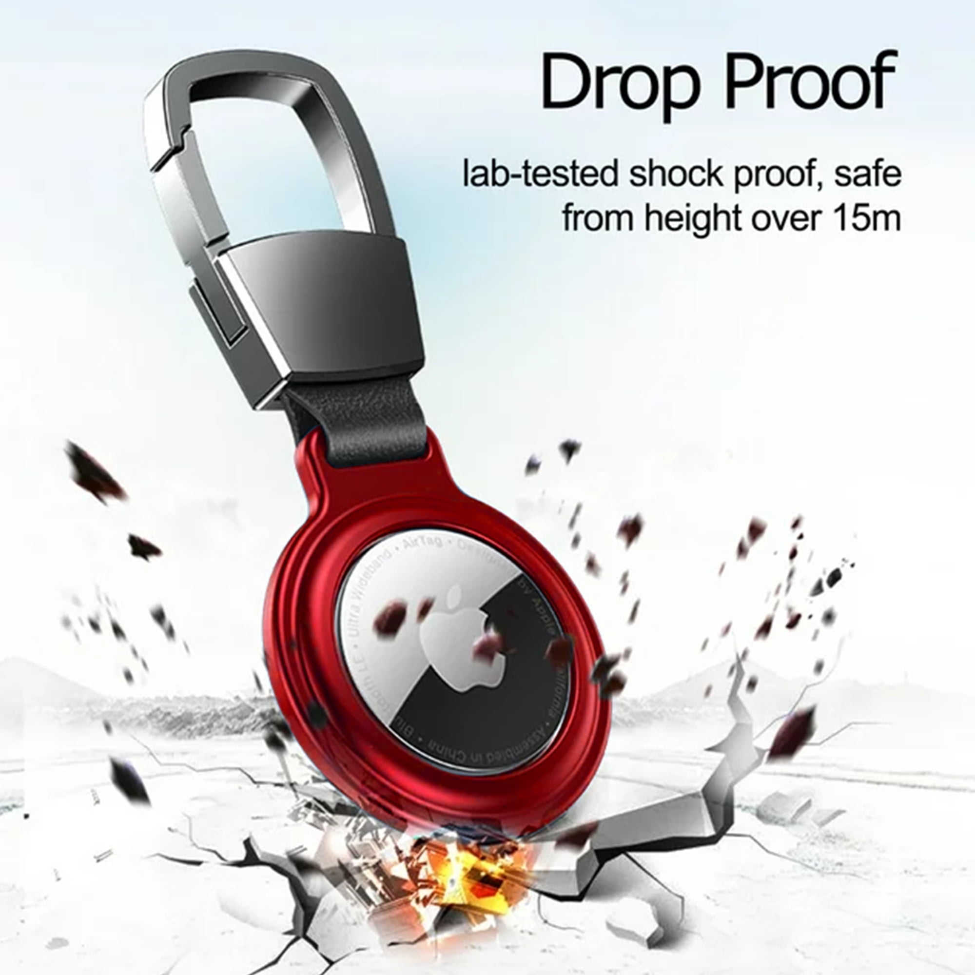 Roter AirTag-Halter mit Karabiner. Text: 'Drop Proof'. Hintergrund: Rissiger Boden und Feuer.