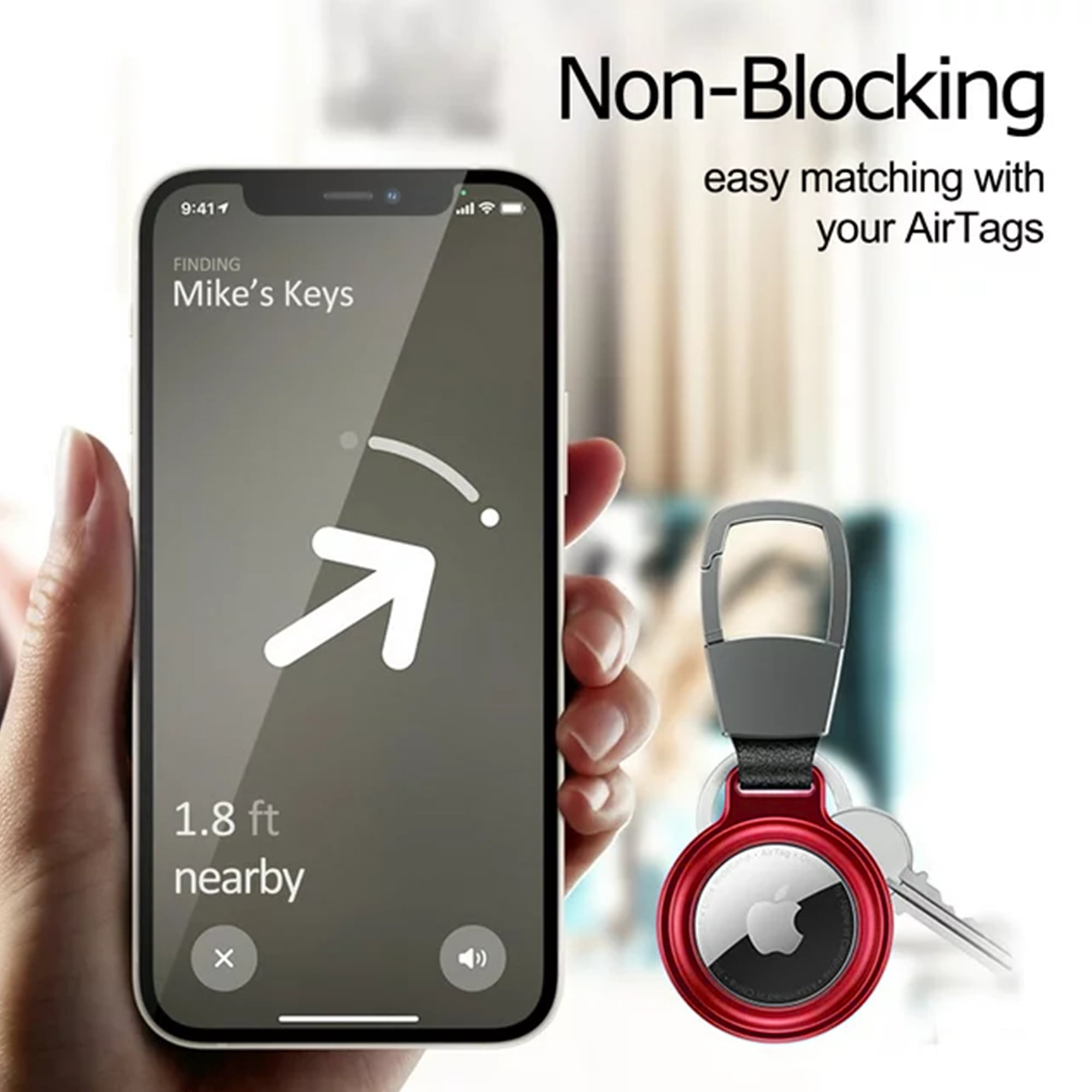 Ein Telefonbildschirm zeigt den Standort, einen AirTag und eine Hand, die einen Schlüsselanhänger mit AirTag hält.