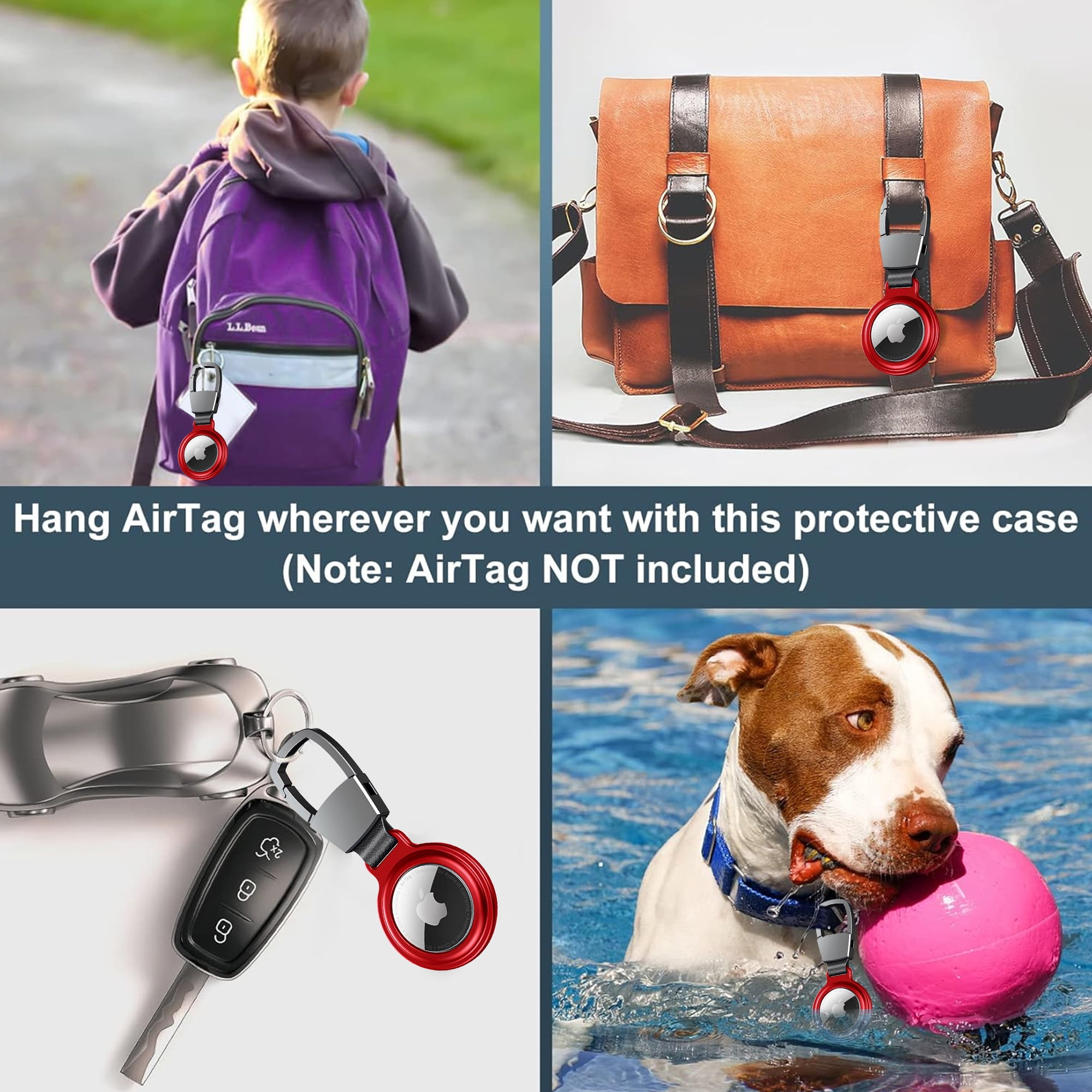 AirTag in verschiedenen Umgebungen: Rucksack, Tasche, Schlüssel und Hund mit Ball.