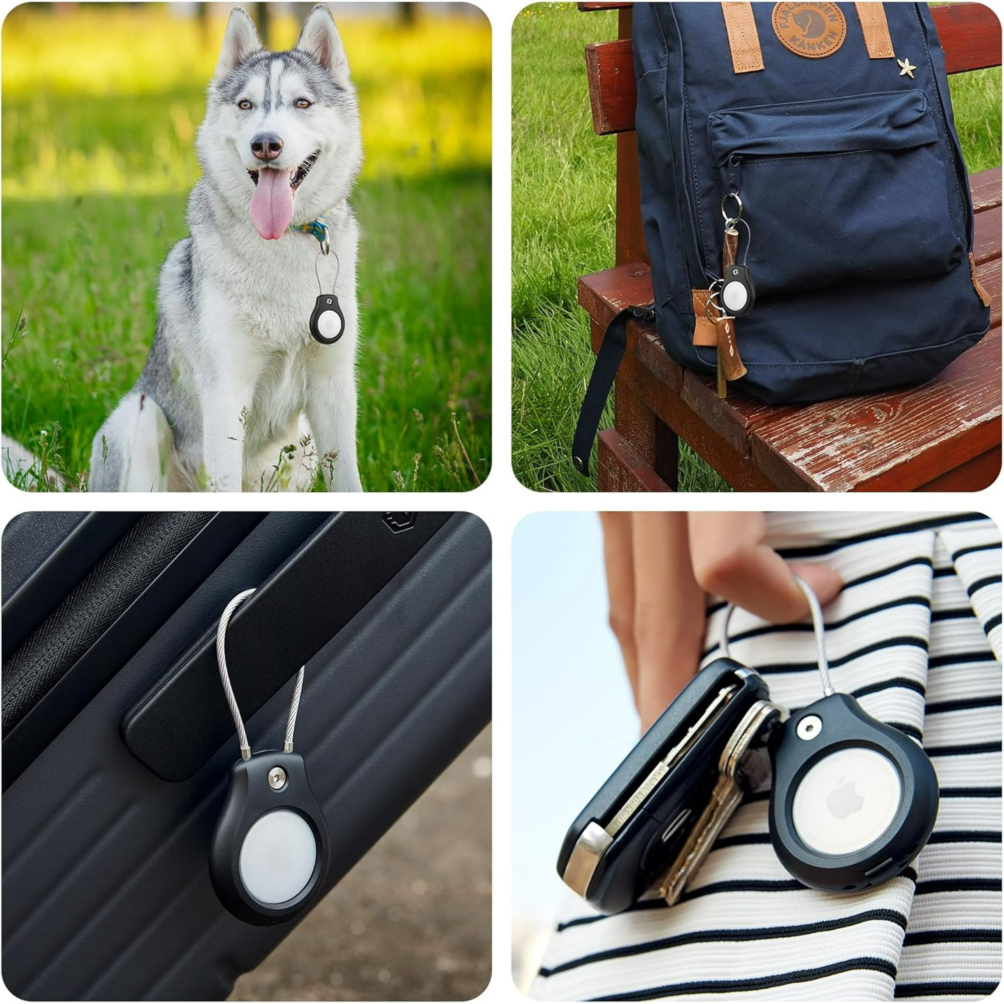 Ortungsgerät in verschiedenen Umgebungen: Hundehalsband, Rucksack, Kofferraum, und in der Hand mit Schlüsseln.