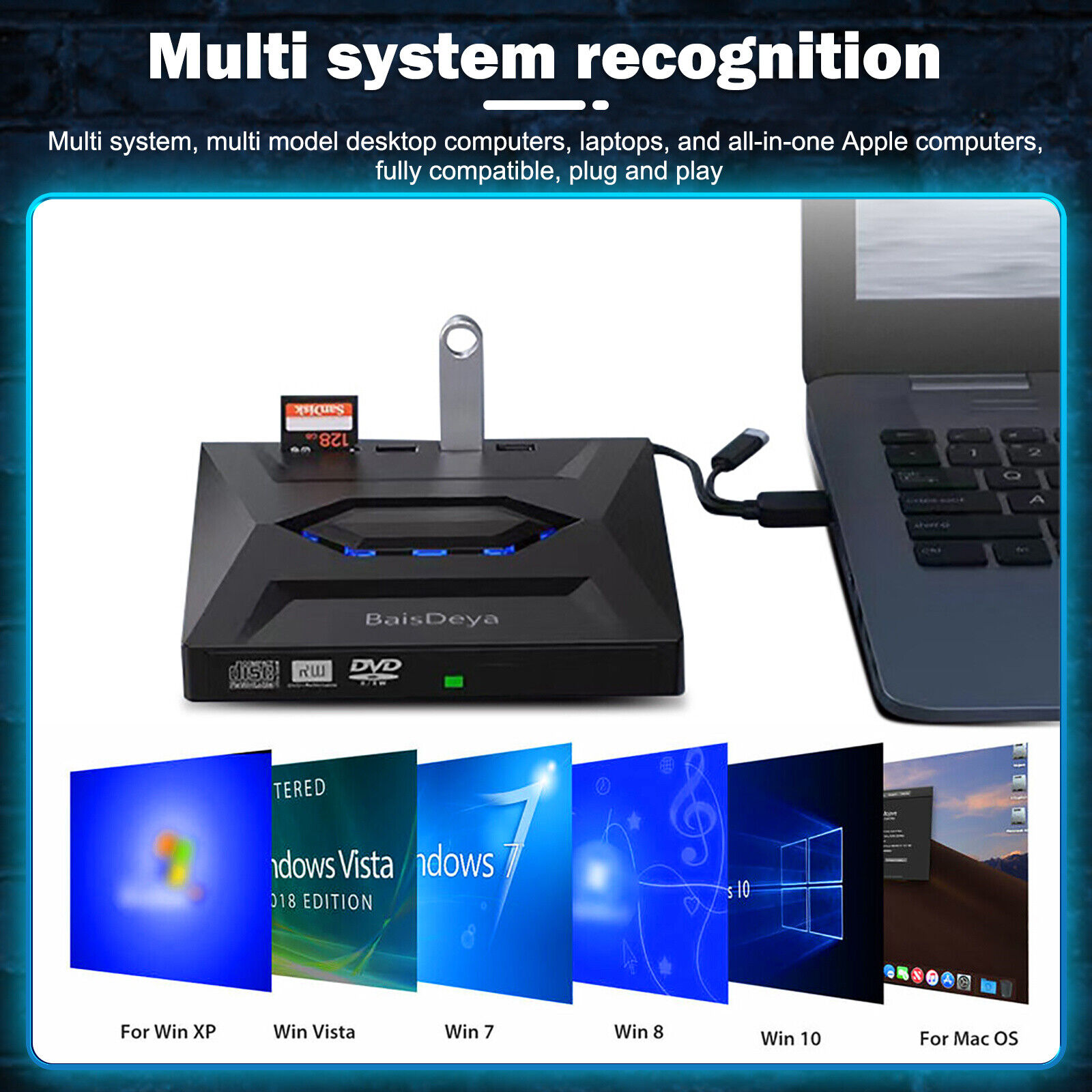 Ein schwarzes Gerät mit USB-Stick, SD-Karte und Laptop. Windows-Logos sind unten.
