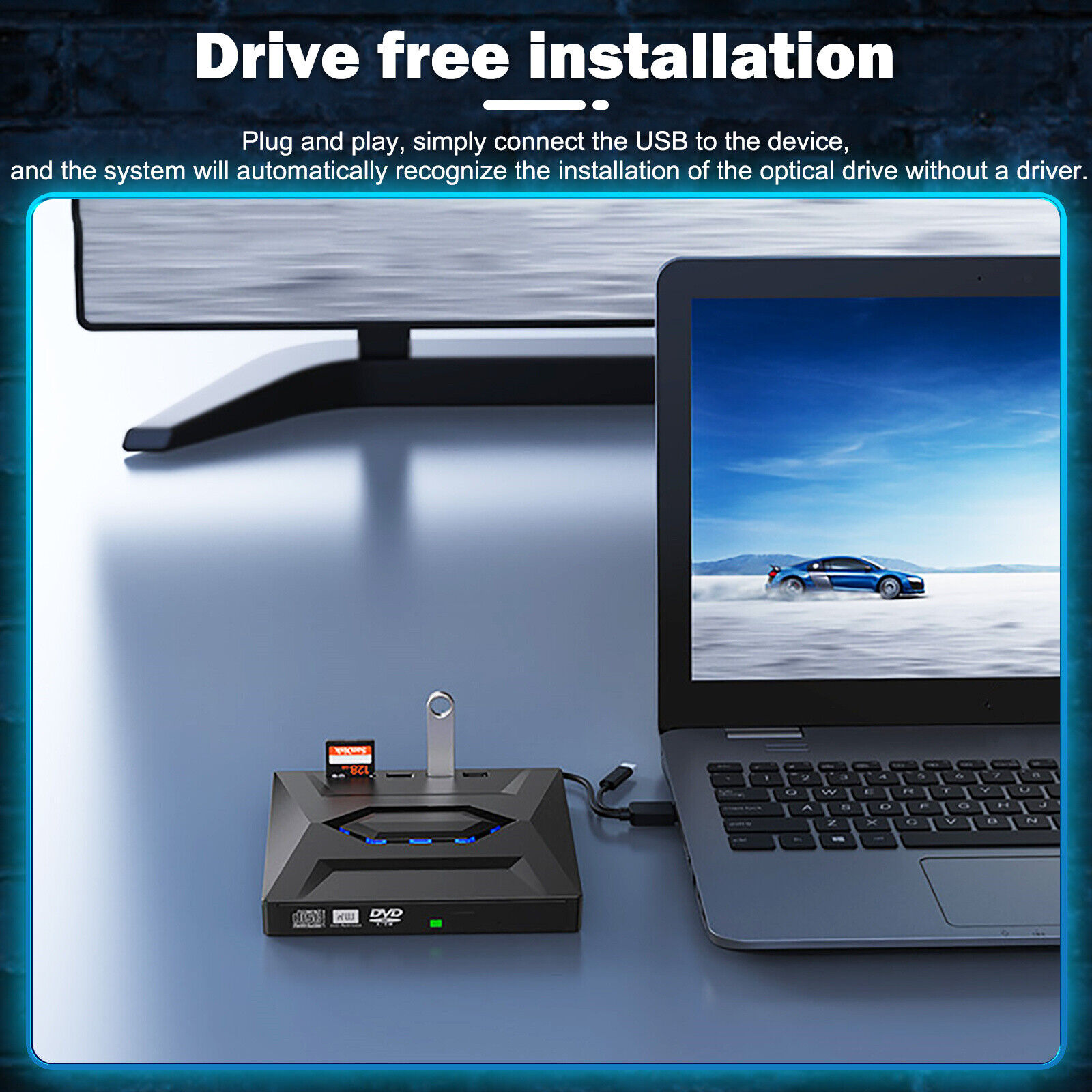 Schwarzes Gerät mit USB-Anschluss, an Laptop angeschlossen, auf Oberfläche.