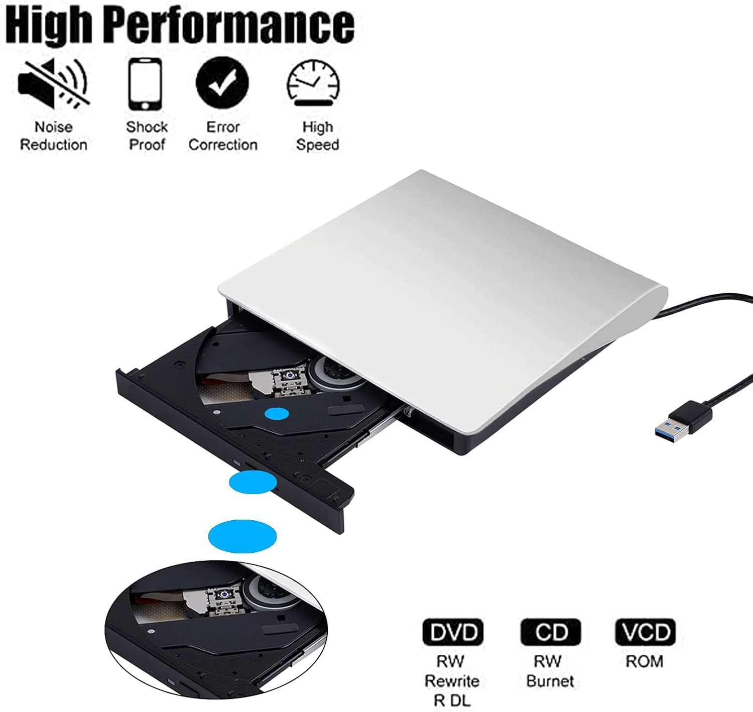 Silbernes und schwarzes DVD-Laufwerk, geöffnet, mit USB-Kabel und Text über seine hohe Leistung.
