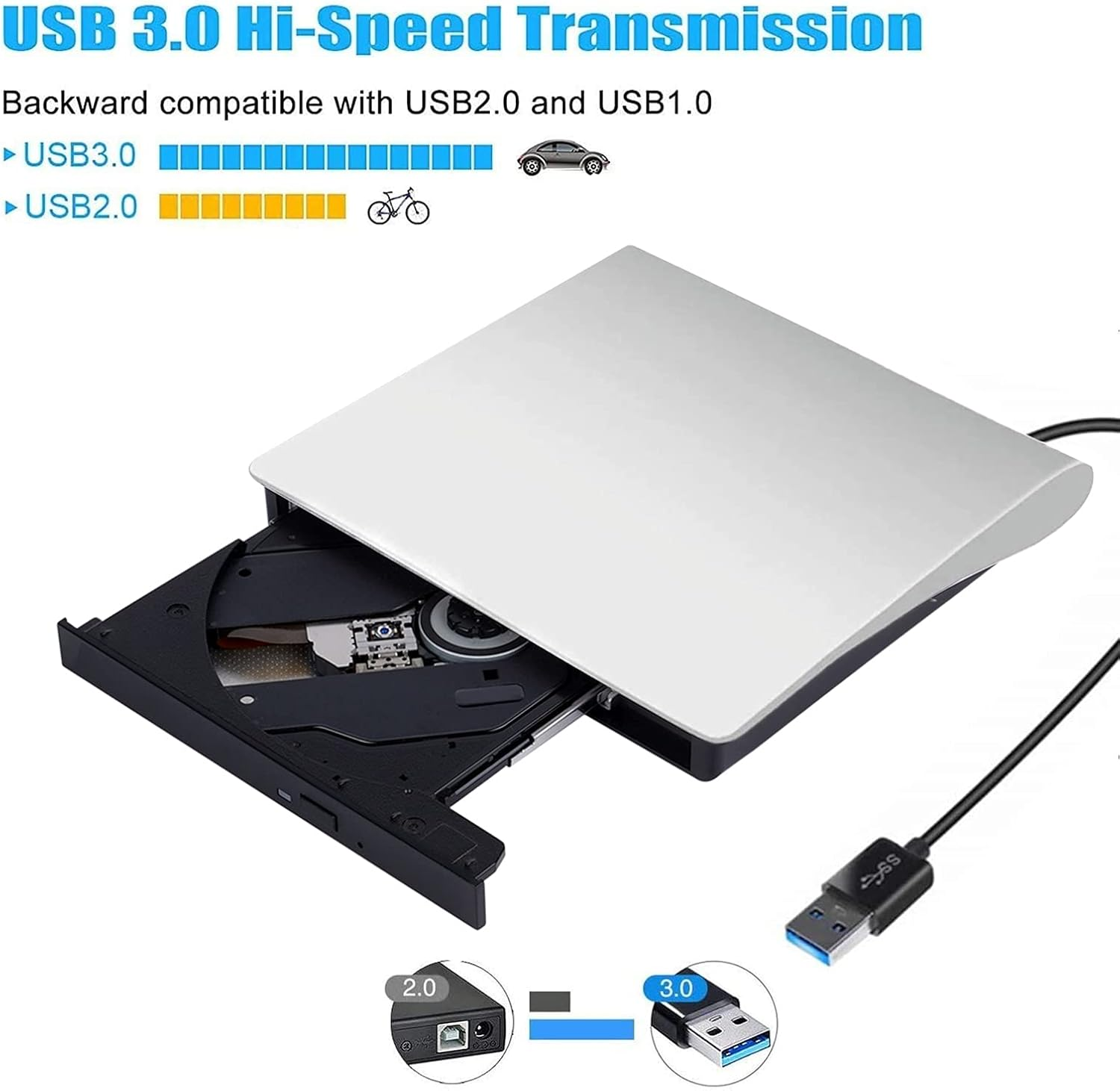 Ein silbernes externes CD/DVD-Laufwerk mit einem USB 3.0-Kabel. Das Bild zeigt USB 2.0- und 3.0-Anschlüsse.