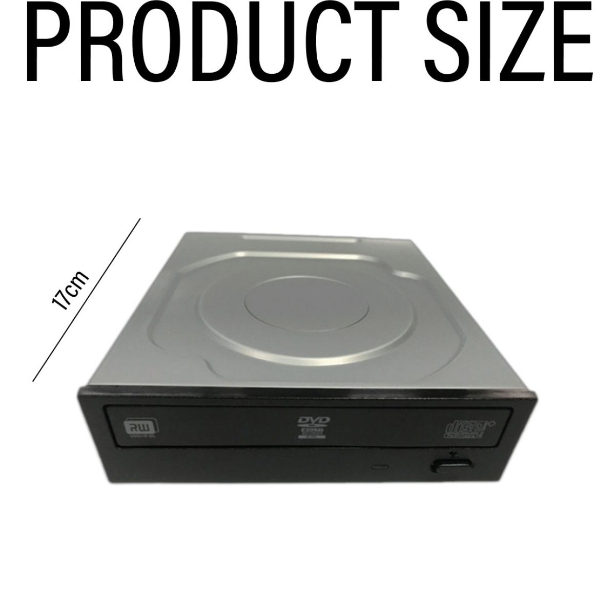 DVD-Laufwerk, schwarz und silber, mit den Abmessungen 17cm, beschriftet auf weißem Hintergrund.