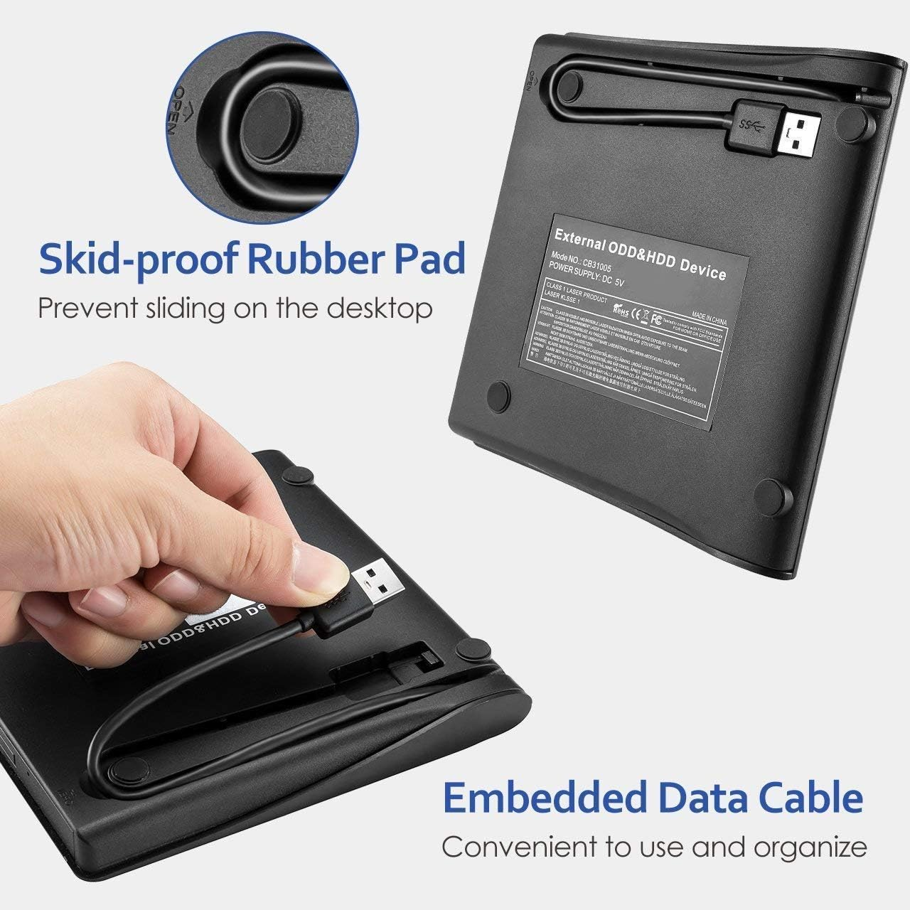 Externes ODD & HDD Gerät, zeigt Anschluss und Gummipads. Enthält Text.