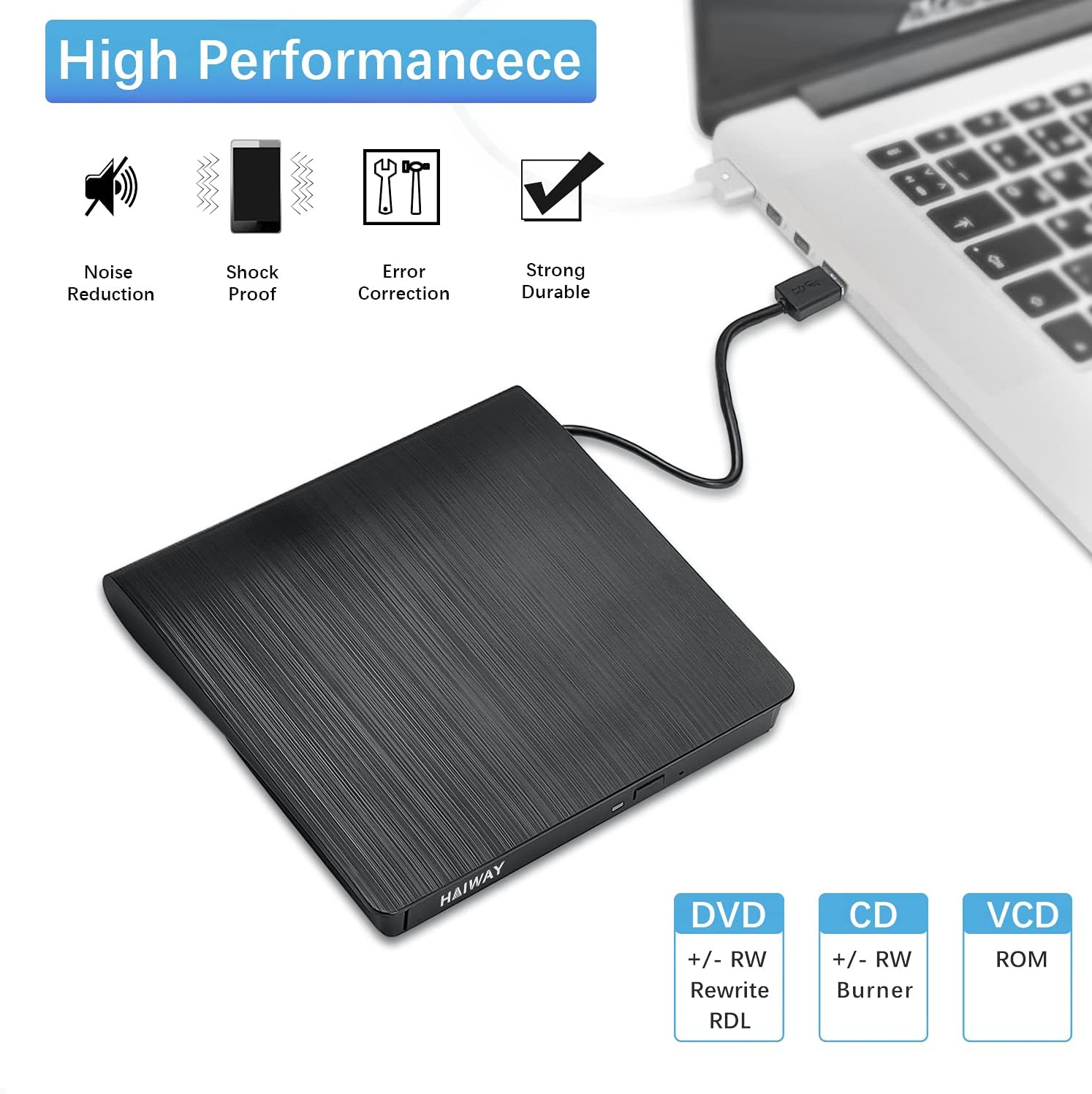Ein schwarzes externes DVD/CD-Laufwerk neben einem Laptop. Verschiedene Funktionen sind aufgelistet.