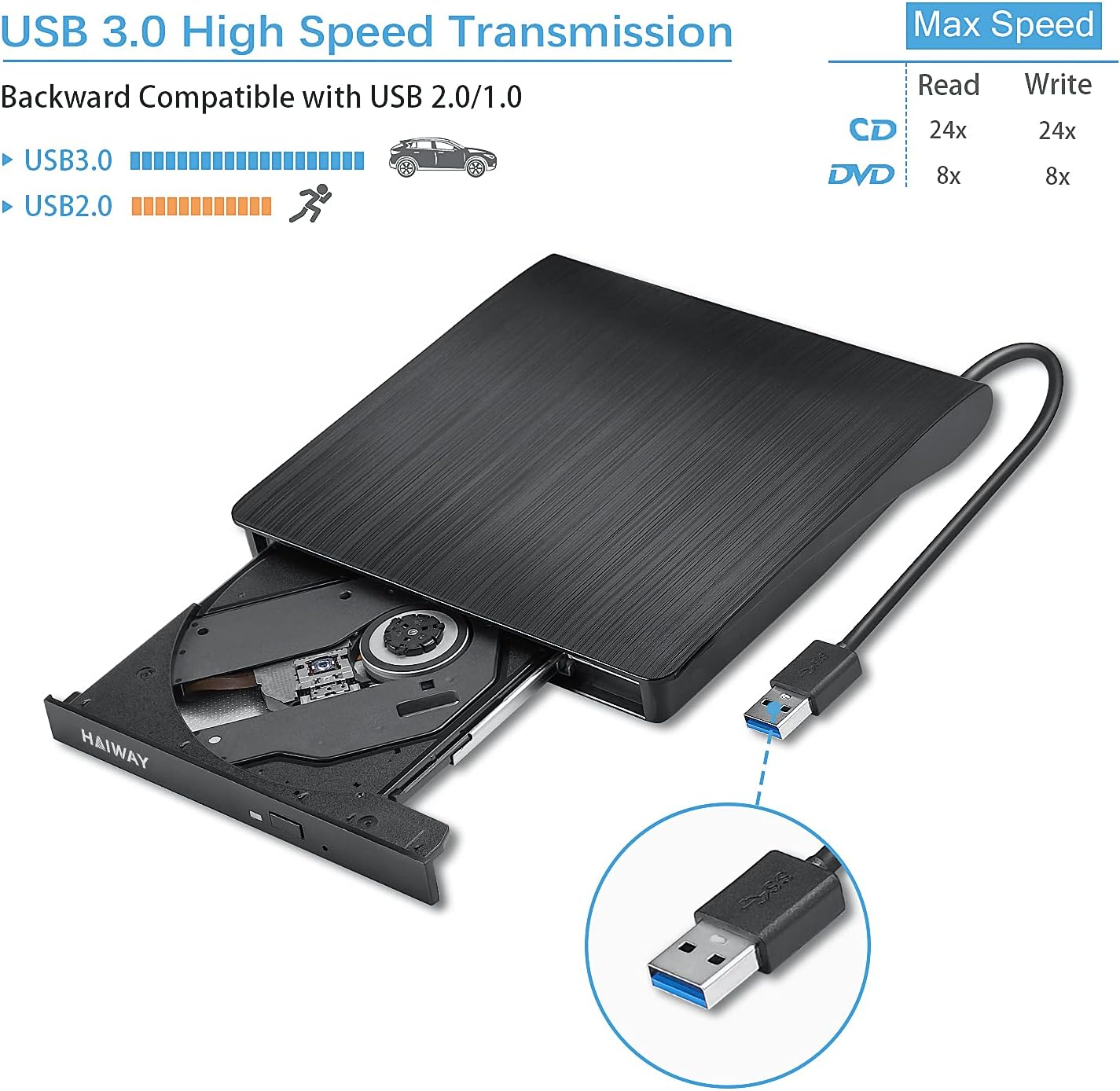 Schwarzes CD/DVD-Laufwerk mit offenem Fach. USB 3.0-Anschluss. Inklusive USB-Kabel und USB 3.0/2.0 Geschwindigkeitsvergleich.