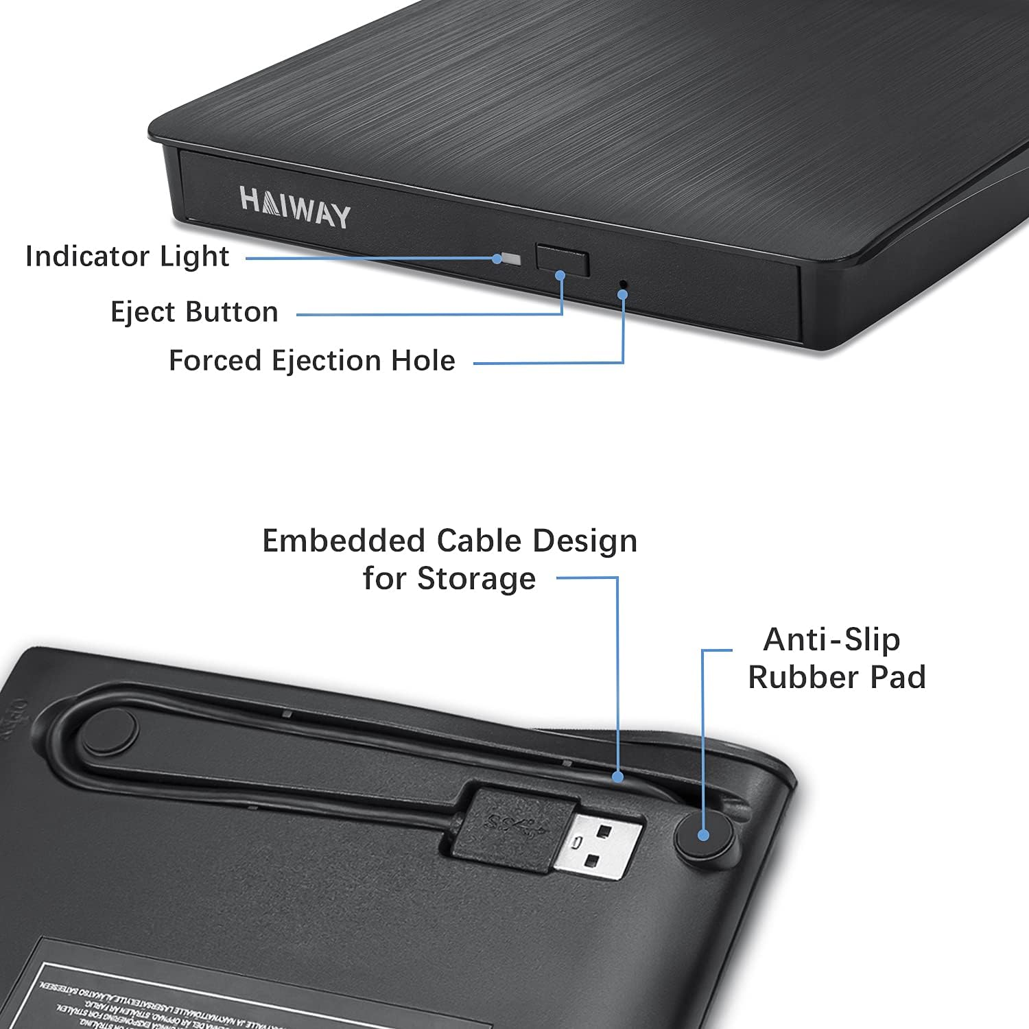 Eine schwarze externe Festplatte mit Beschriftungen und einem USB-Anschluss.