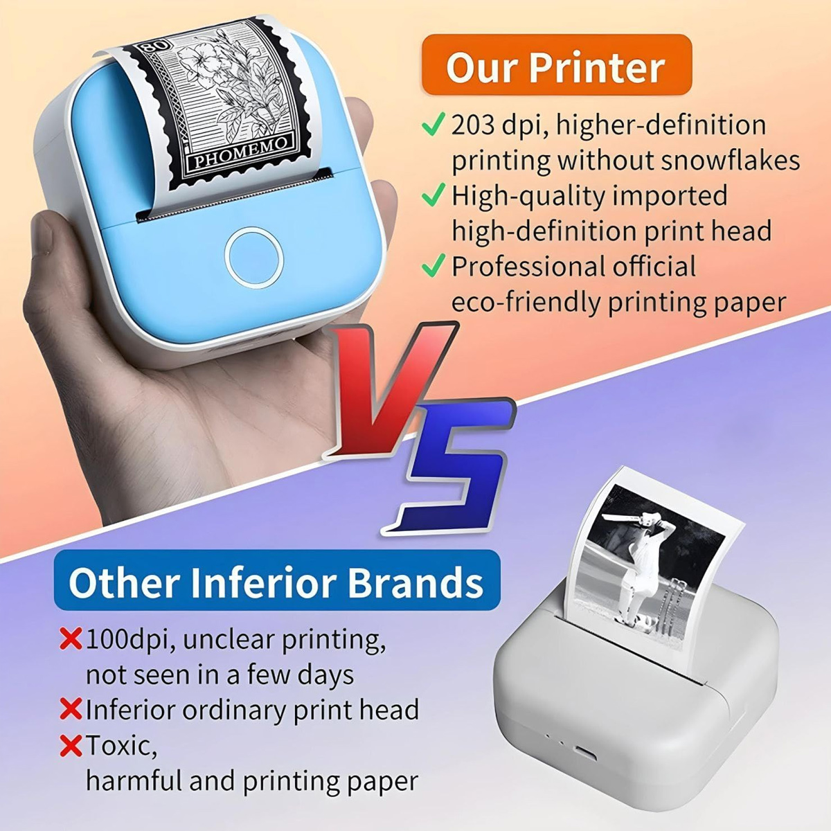 Druckervergleich. Blauer Drucker druckt Briefmarke. Roter Text: 'Other Inferior Brands'.