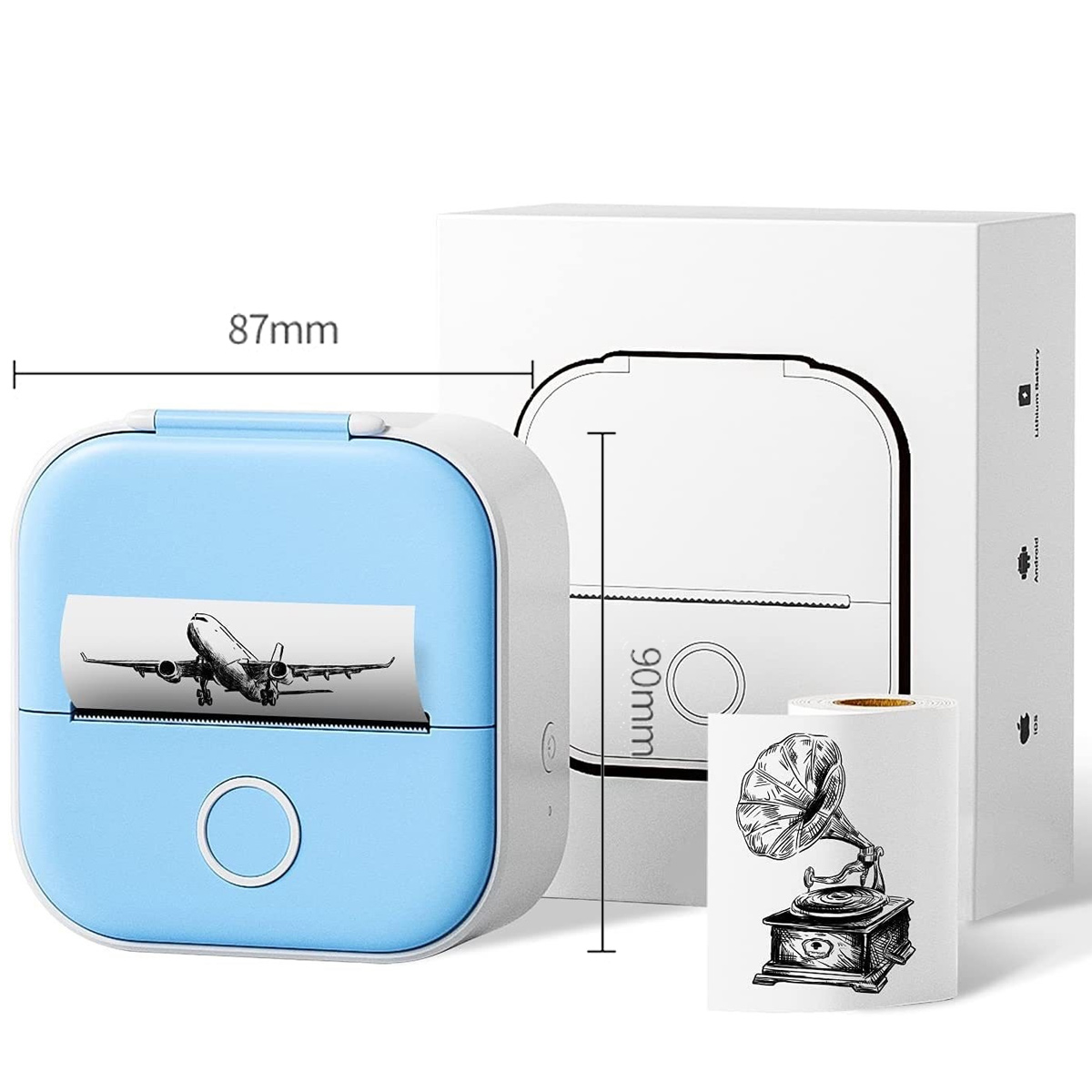 Blau-weißer Drucker mit Papierrolle, einer Box und gedruckten Bildern.