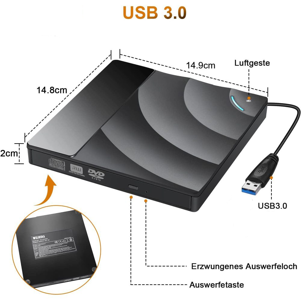 USB 3.0 externes DVD-Laufwerk. Schwarzes Gerät, Maße in cm. USB-Kabel.
